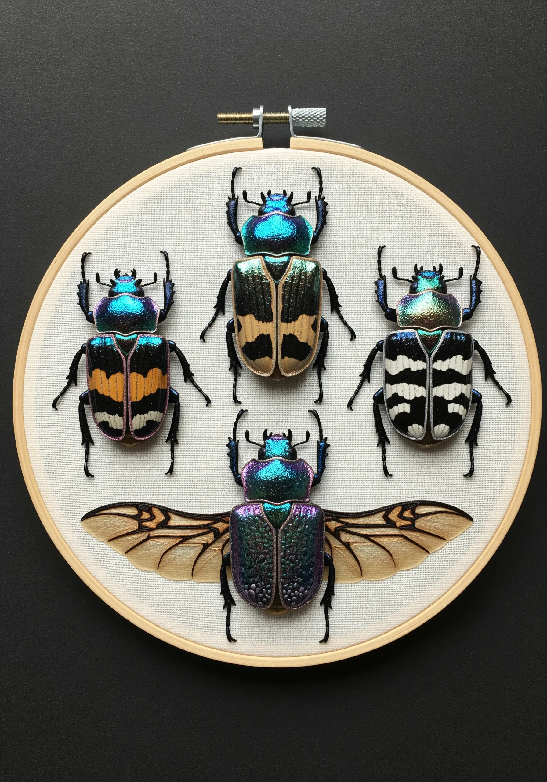 Four hyperrealistic beetles in a hoop, made from iridescent paper with finely stitched black legs.