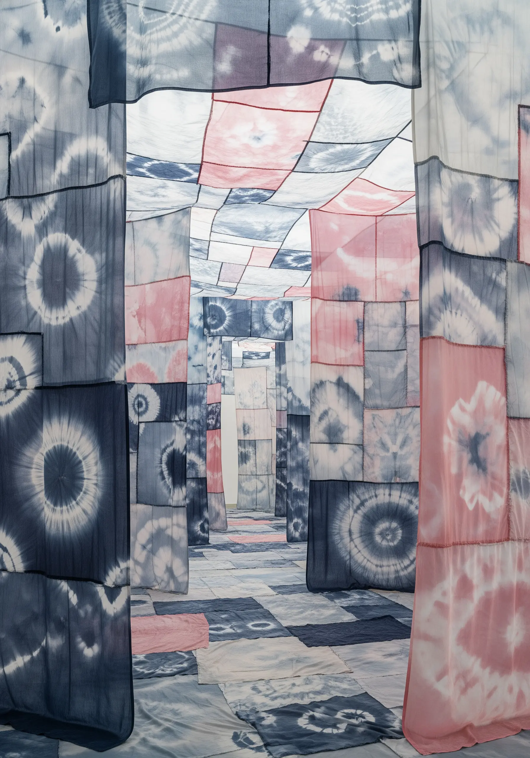 An immersive labyrinth made from hanging panels of blue and pink tie-dyed fabric.
