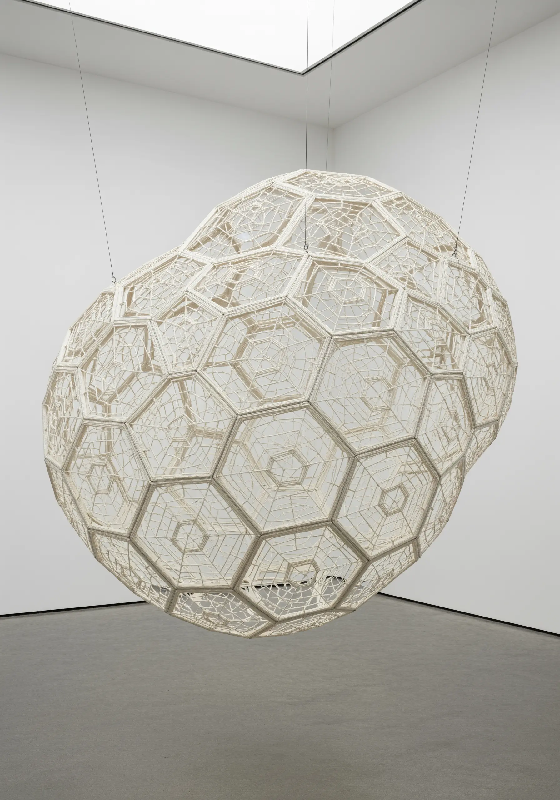 A large, organic-shaped sculpture made of a white hexagonal frame and intricate thread lacework.