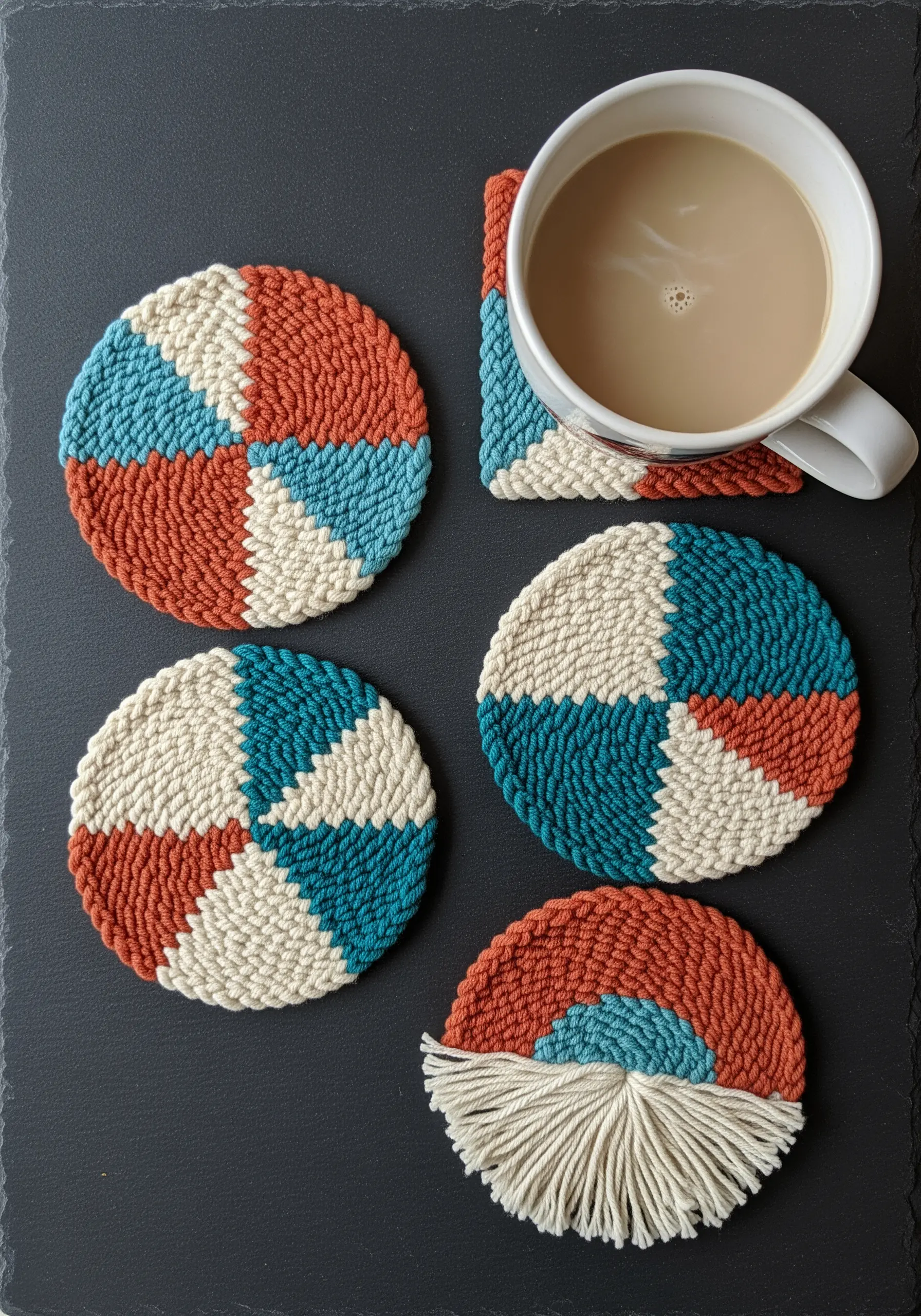 Set of round coasters made from coiled rope wrapped in colorful thread.