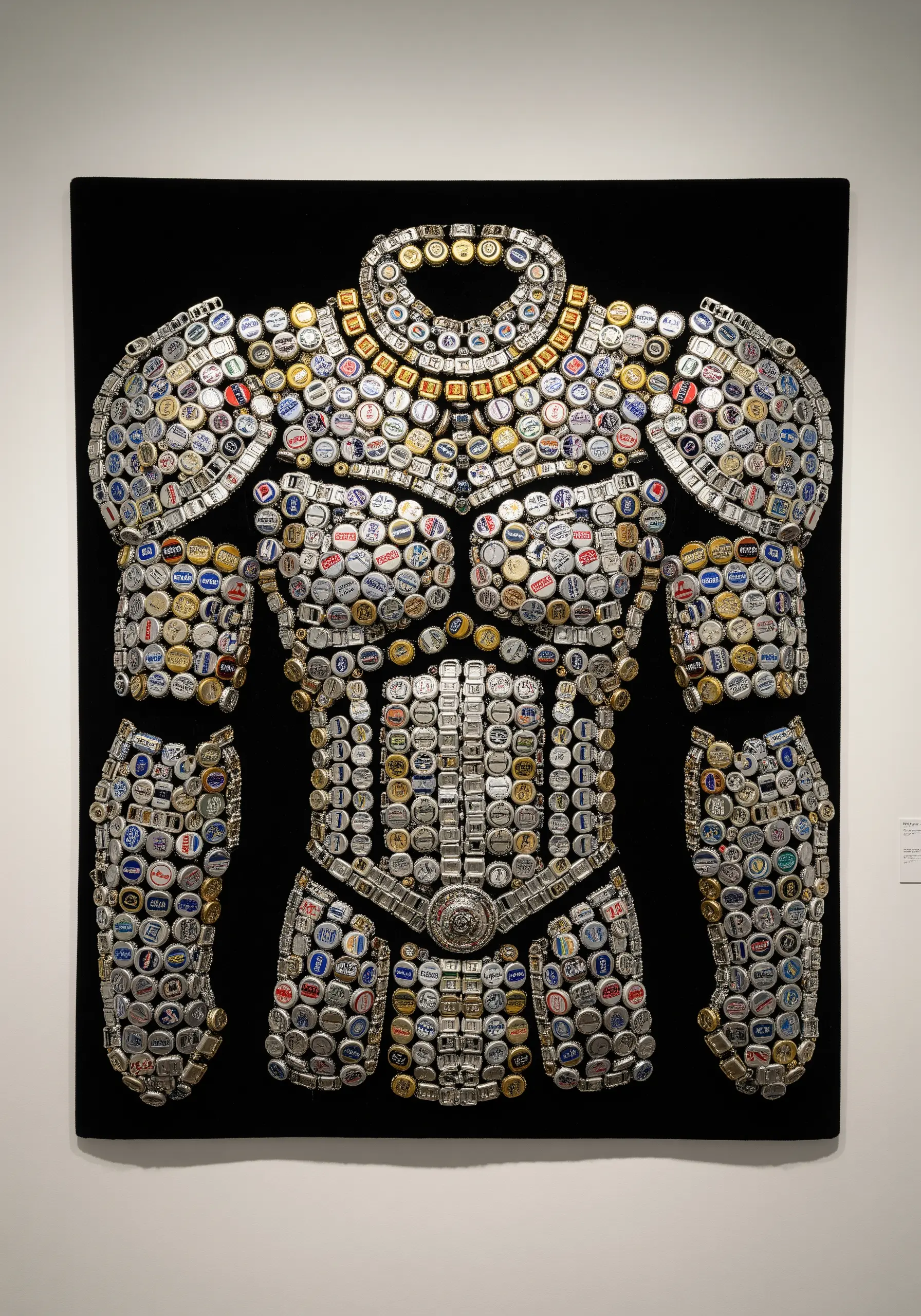 A wall hanging shaped like a suit of armor, made entirely from flattened metal bottle caps.