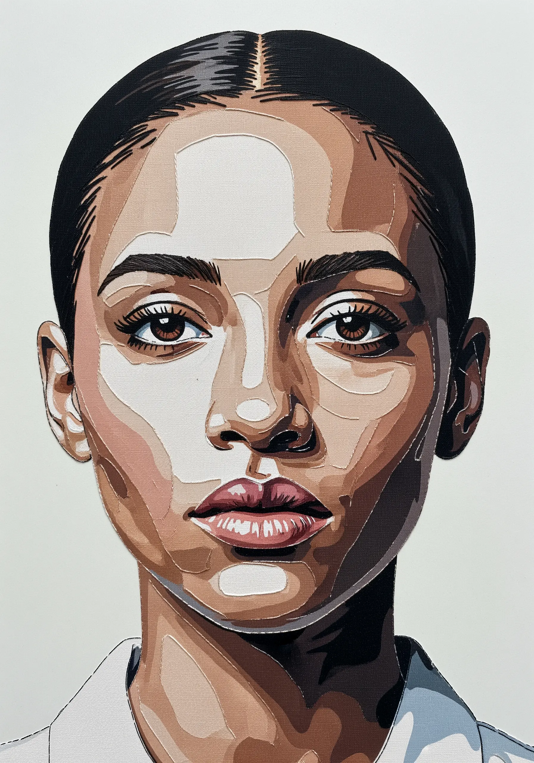 A realistic portrait of a woman created with precisely cut and layered fabric pieces.