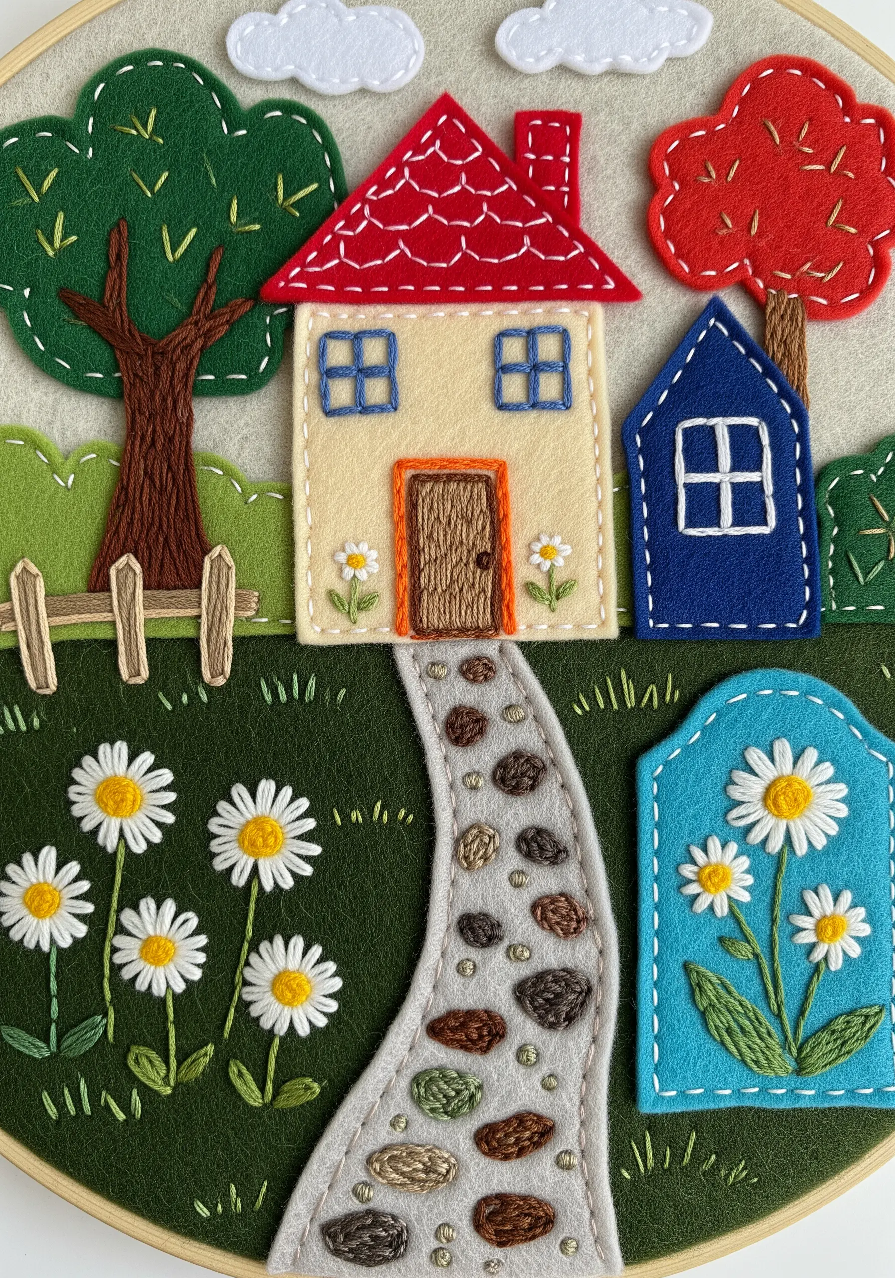 A whimsical landscape in an embroidery hoop, made with layered felt appliqué and stitch details.