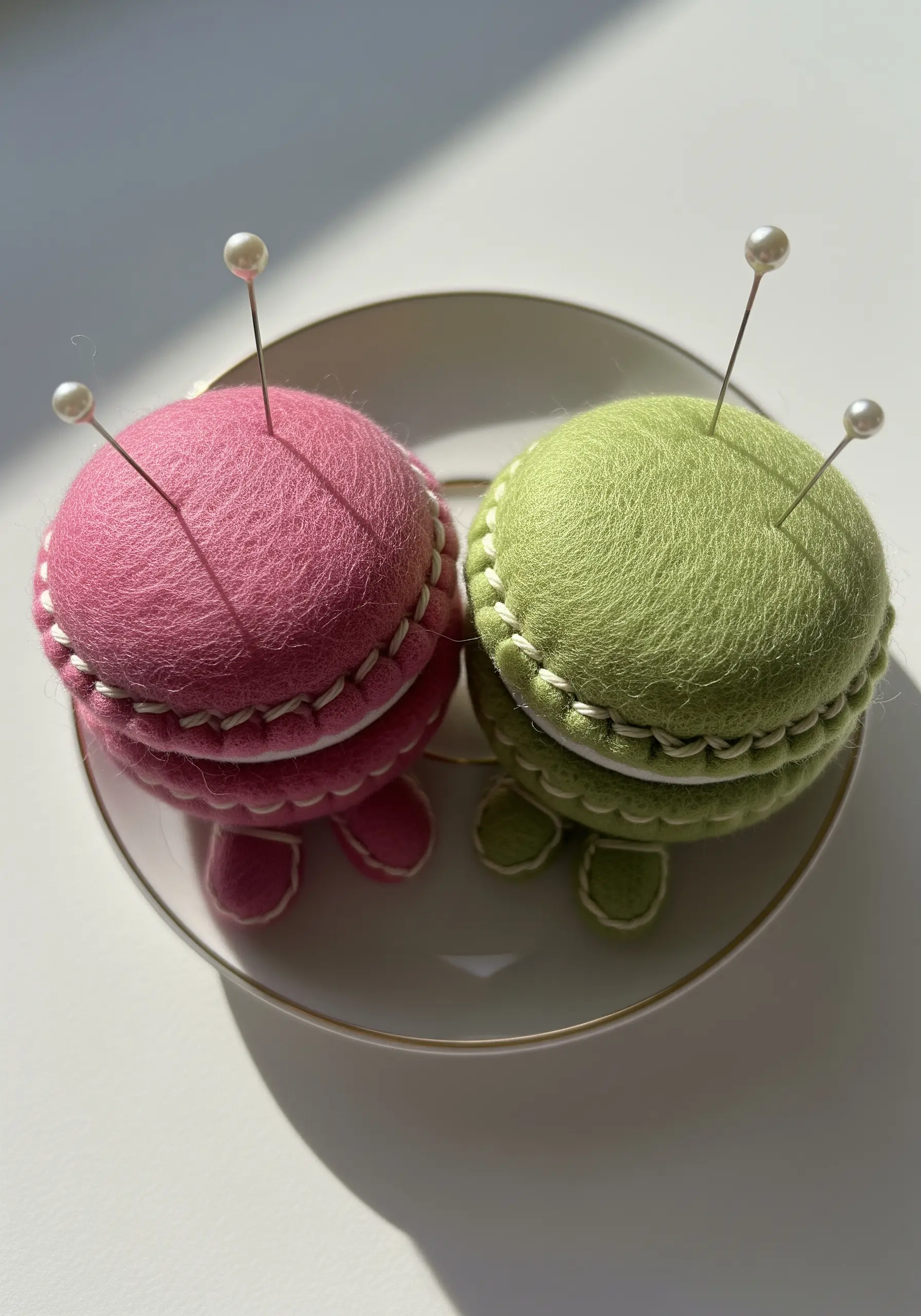 Two felt pincushions shaped like macarons, one pink and one green, with pearl-headed pins.