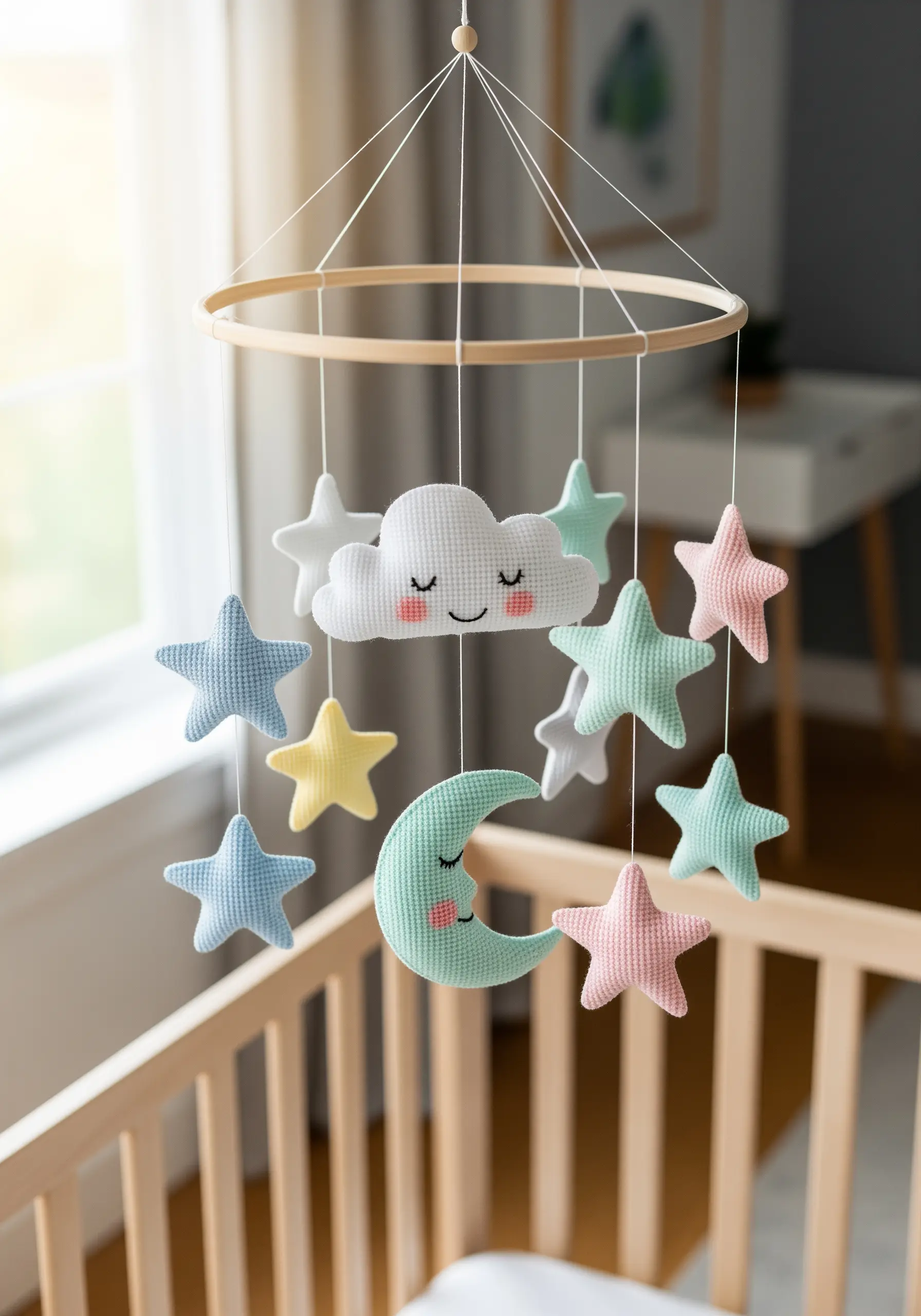 A baby mobile with 3D plush stars, a moon, and a cloud made from cross-stitched fabric.