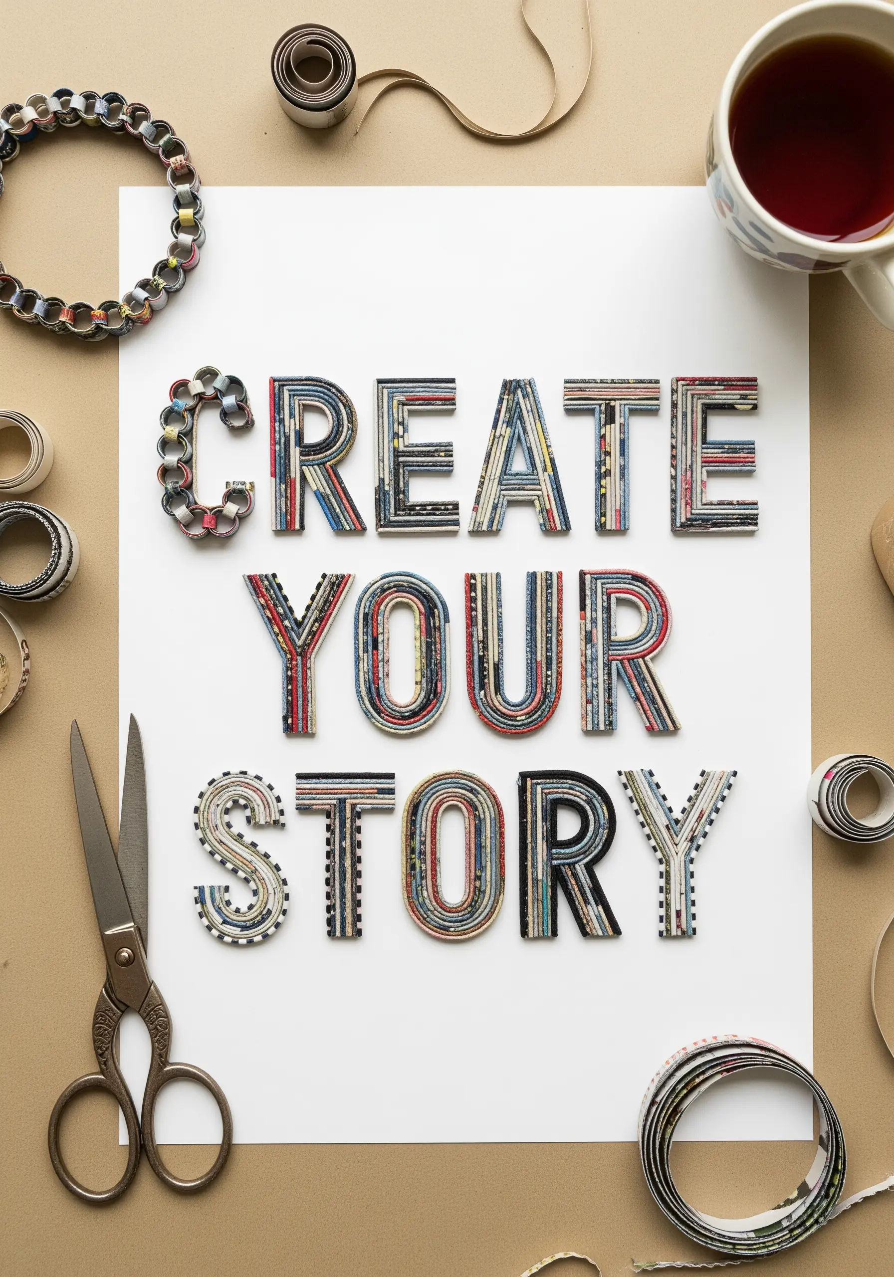 The words 'Create Your Story' made from letters wrapped in strips of recycled magazine paper.
