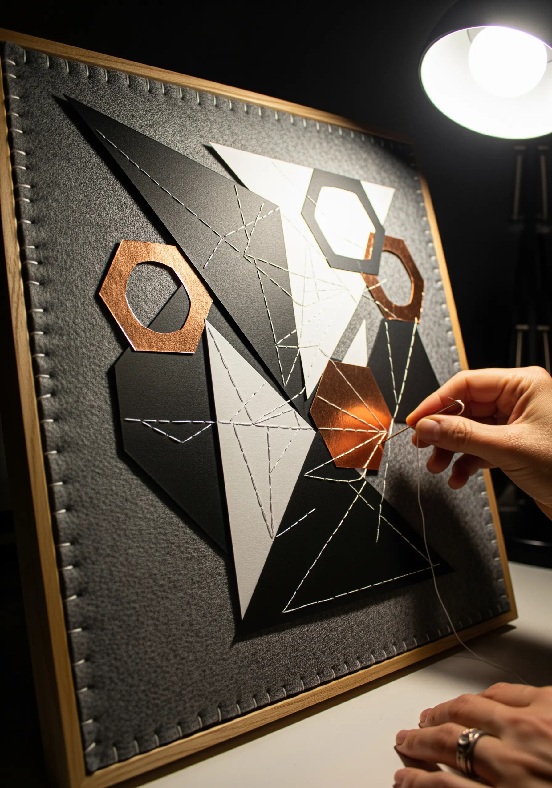 A hand stitching white thread through geometric black and white paper shapes on a dark grey board.