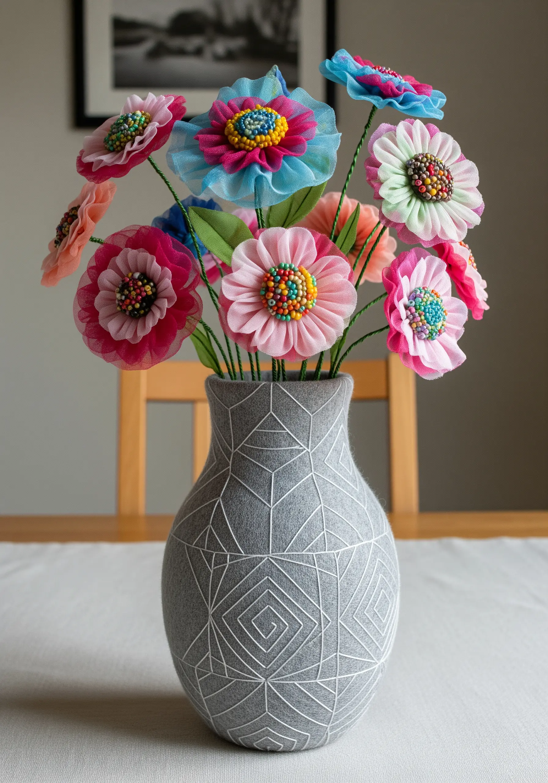 A bouquet of colorful handmade flowers made from folded fabric and beaded centers.