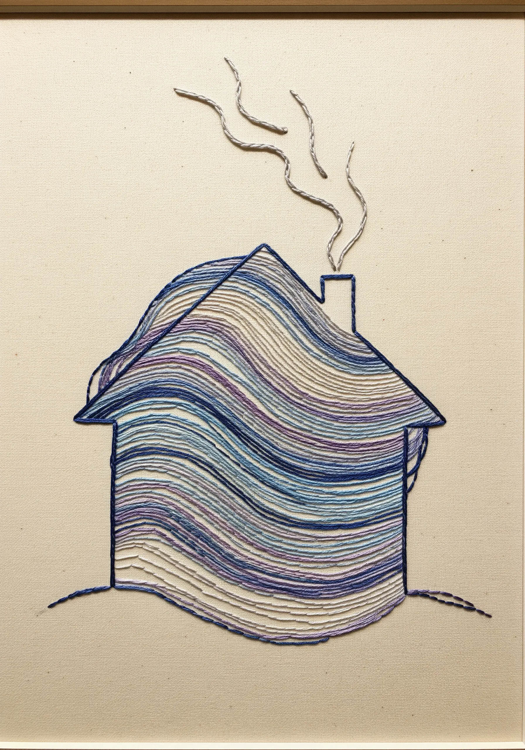 An outlined house filled with wavy, horizontal stitches in shades of blue and purple.