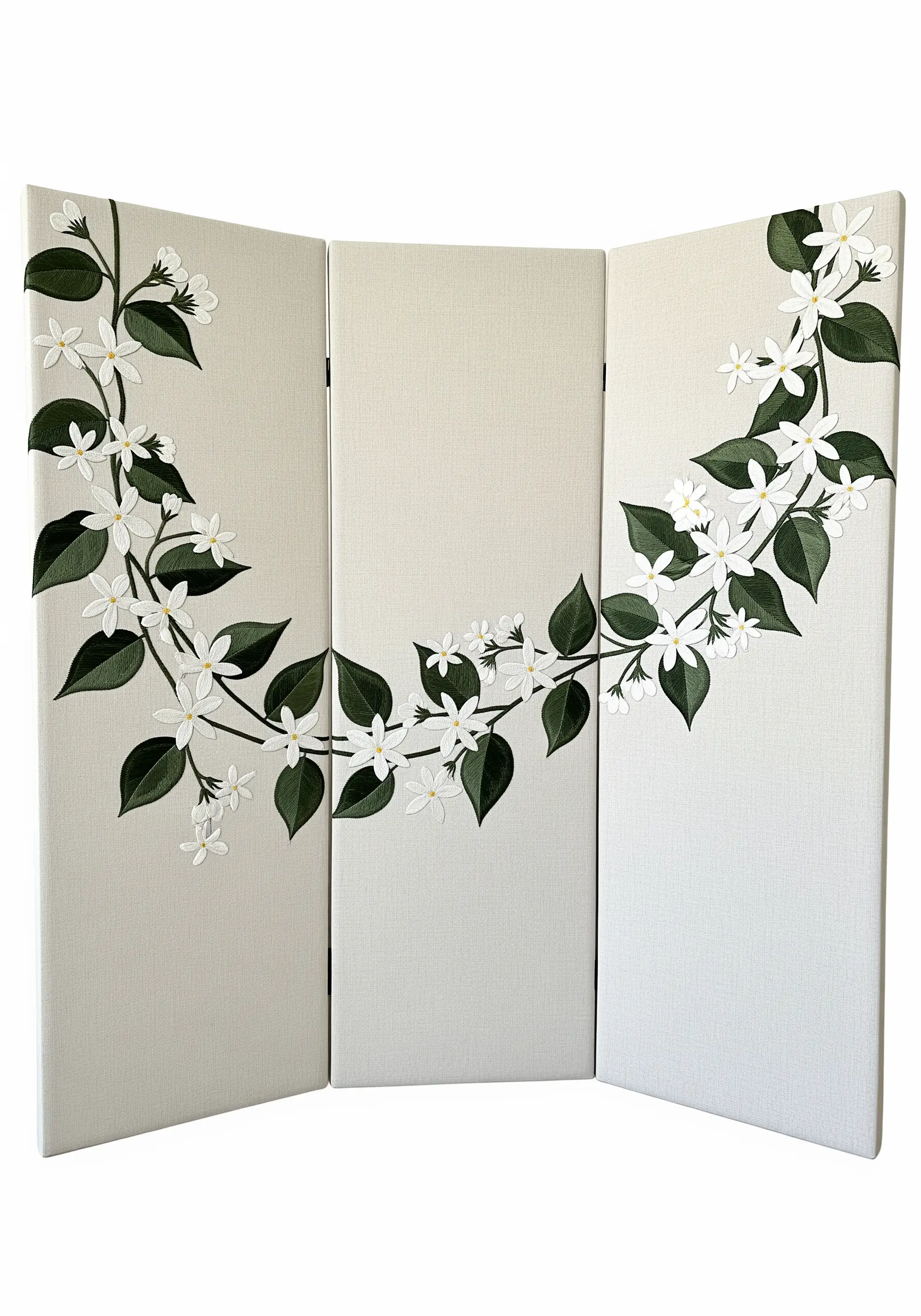 A flowing jasmine vine with white flowers embroidered across the three panels of a room divider.