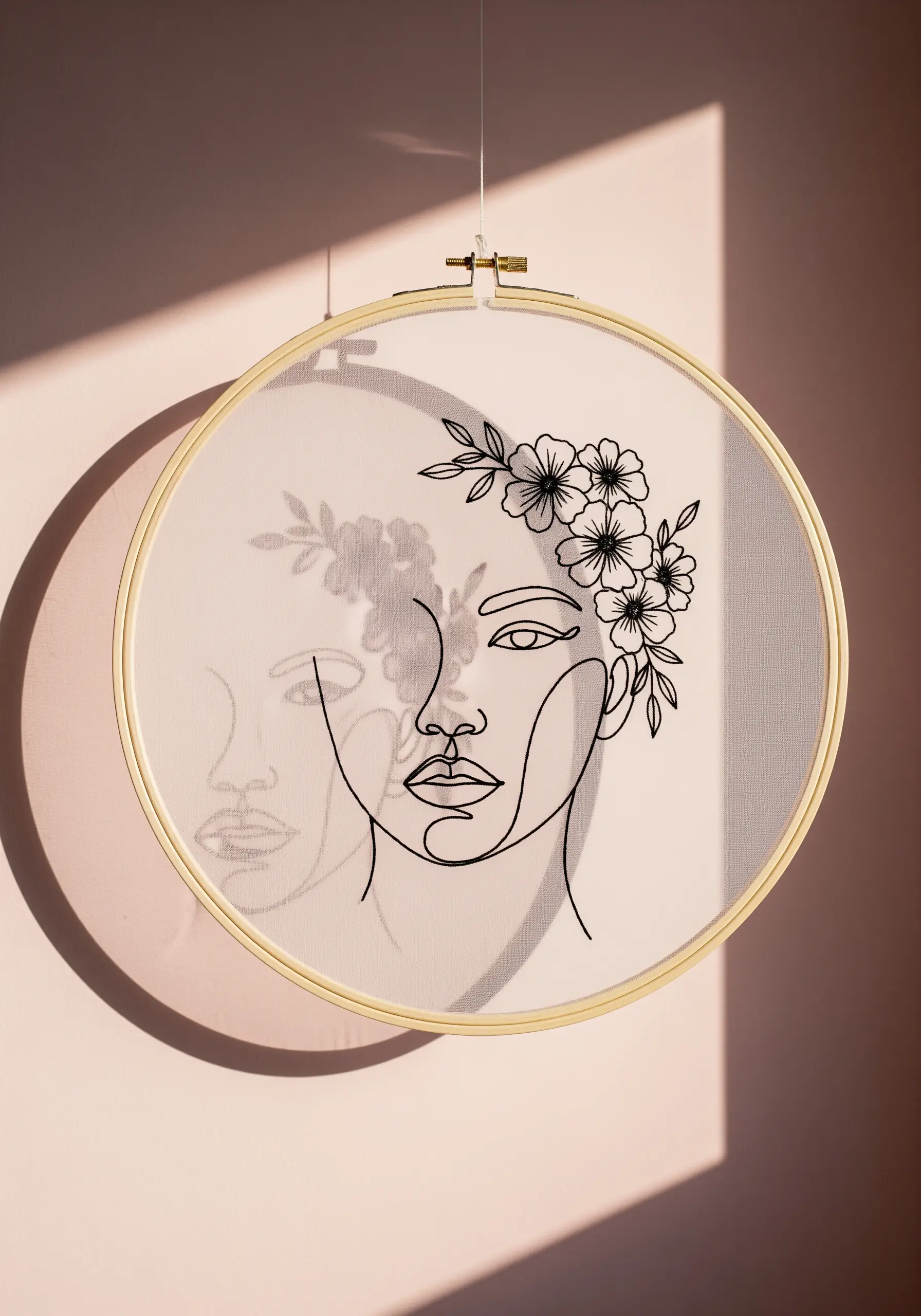 Tulle hoop with line art face and floral hair embroidery