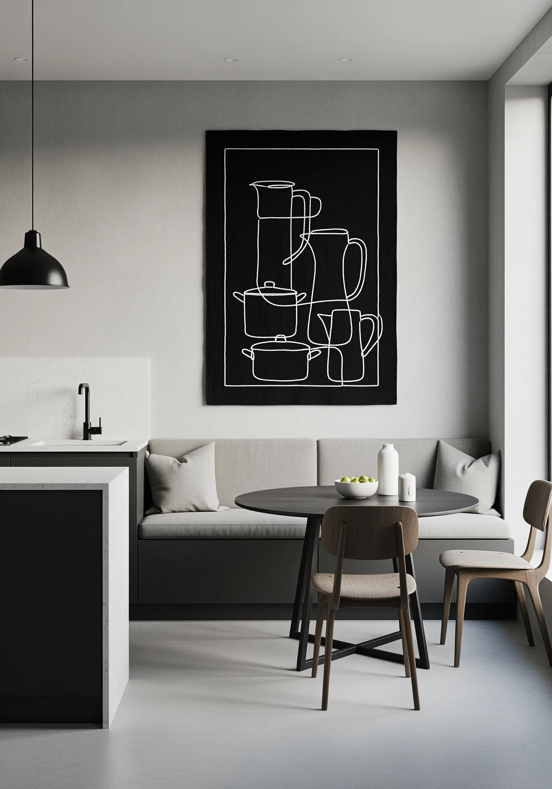 A single-line embroidered drawing of kitchen pots and pitchers on a black fabric panel.