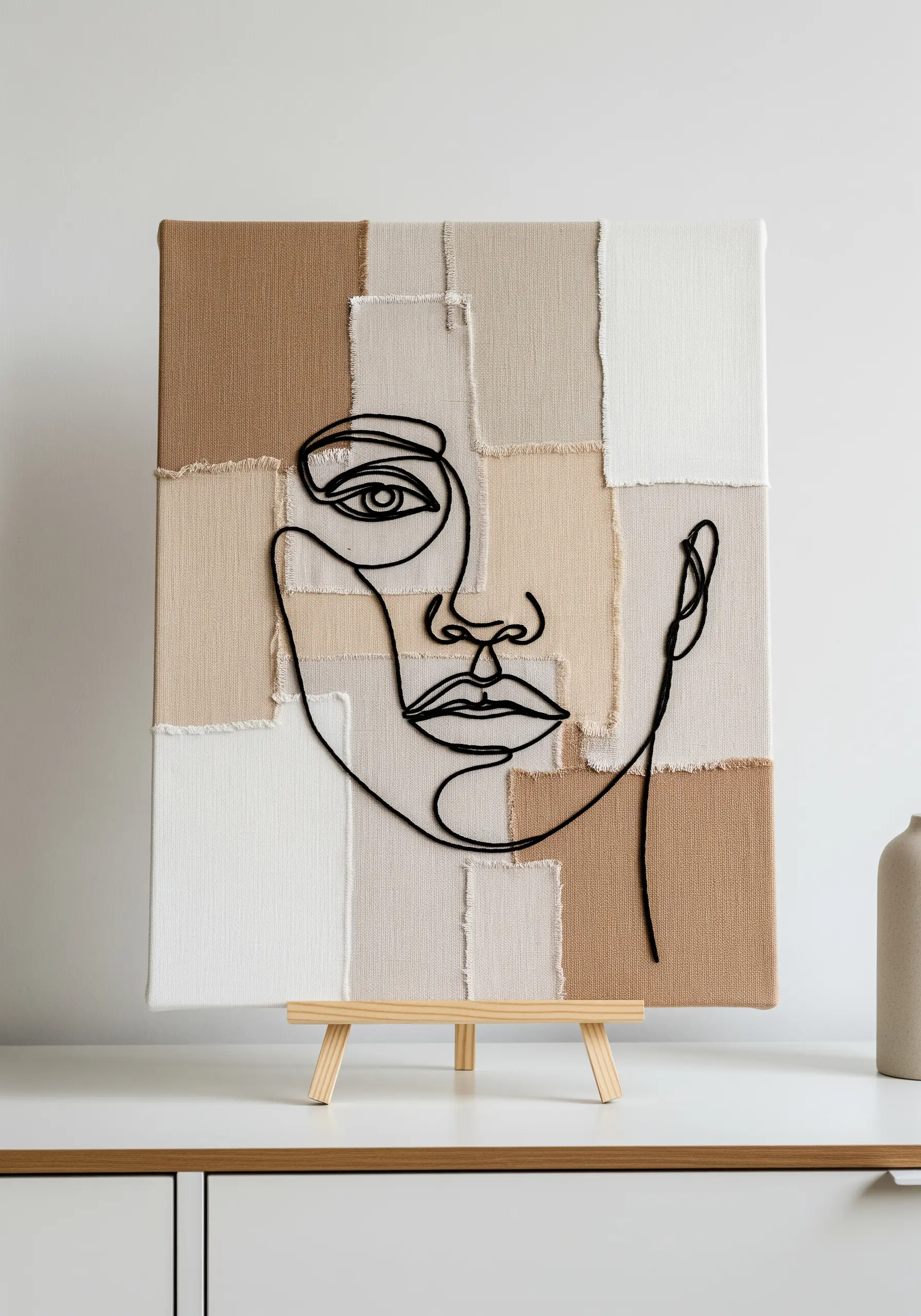 A continuous line art face made with black cord on a neutral patchwork fabric background.