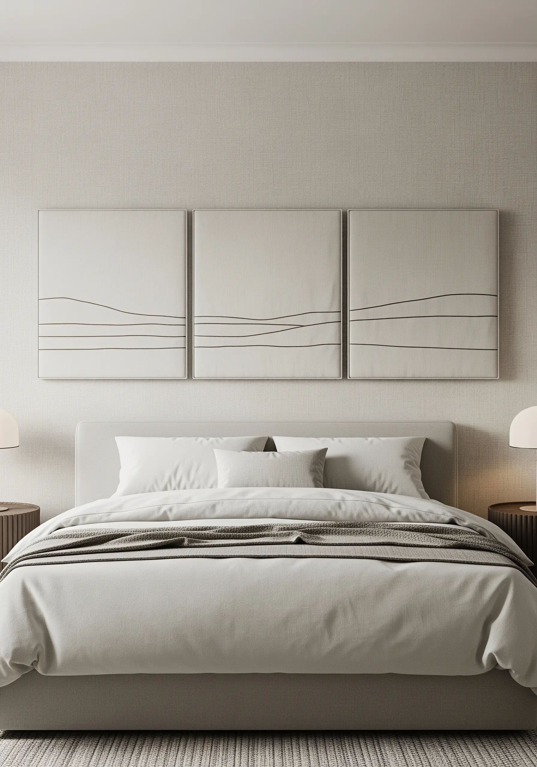 Three canvas panels featuring a continuous minimal line art landscape