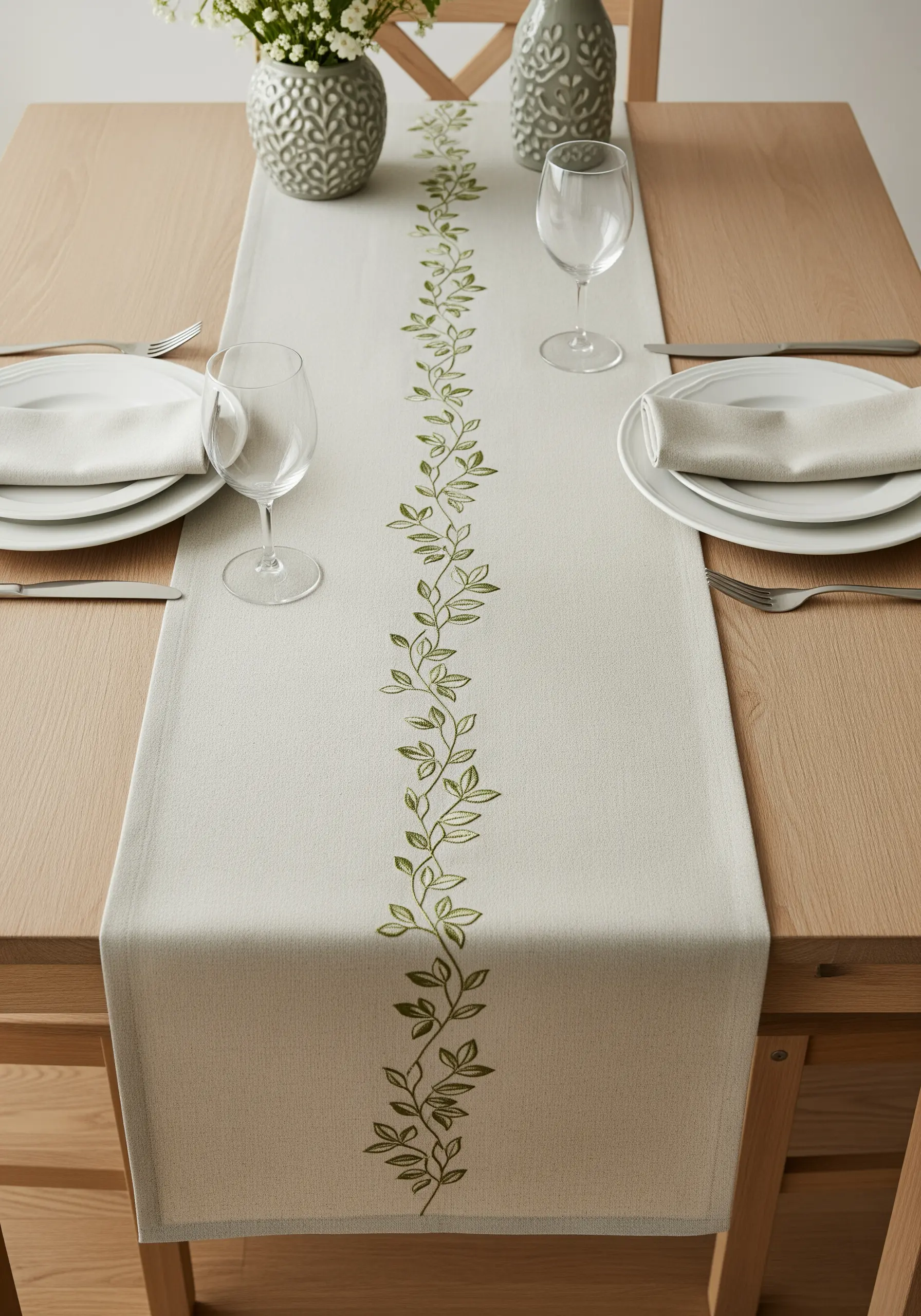 White table runner with a central green leafy vine embroidery