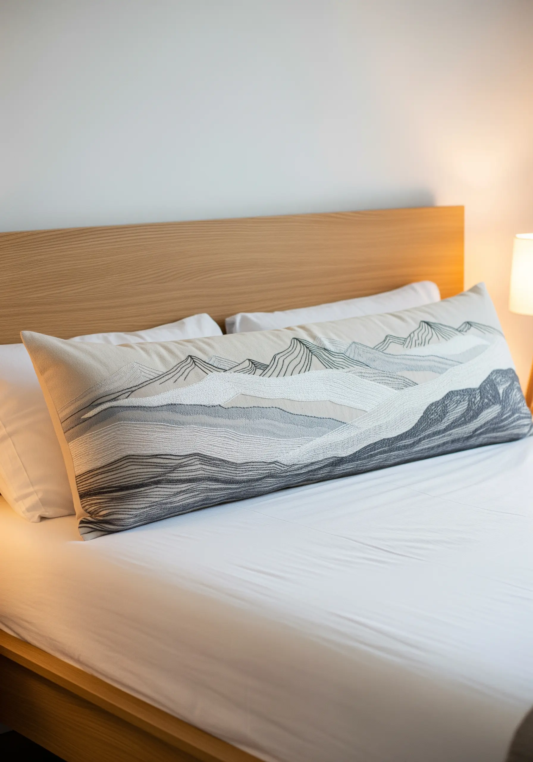 Monochromatic mountain landscape embroidered on a long lumbar pillow using directional stitches.