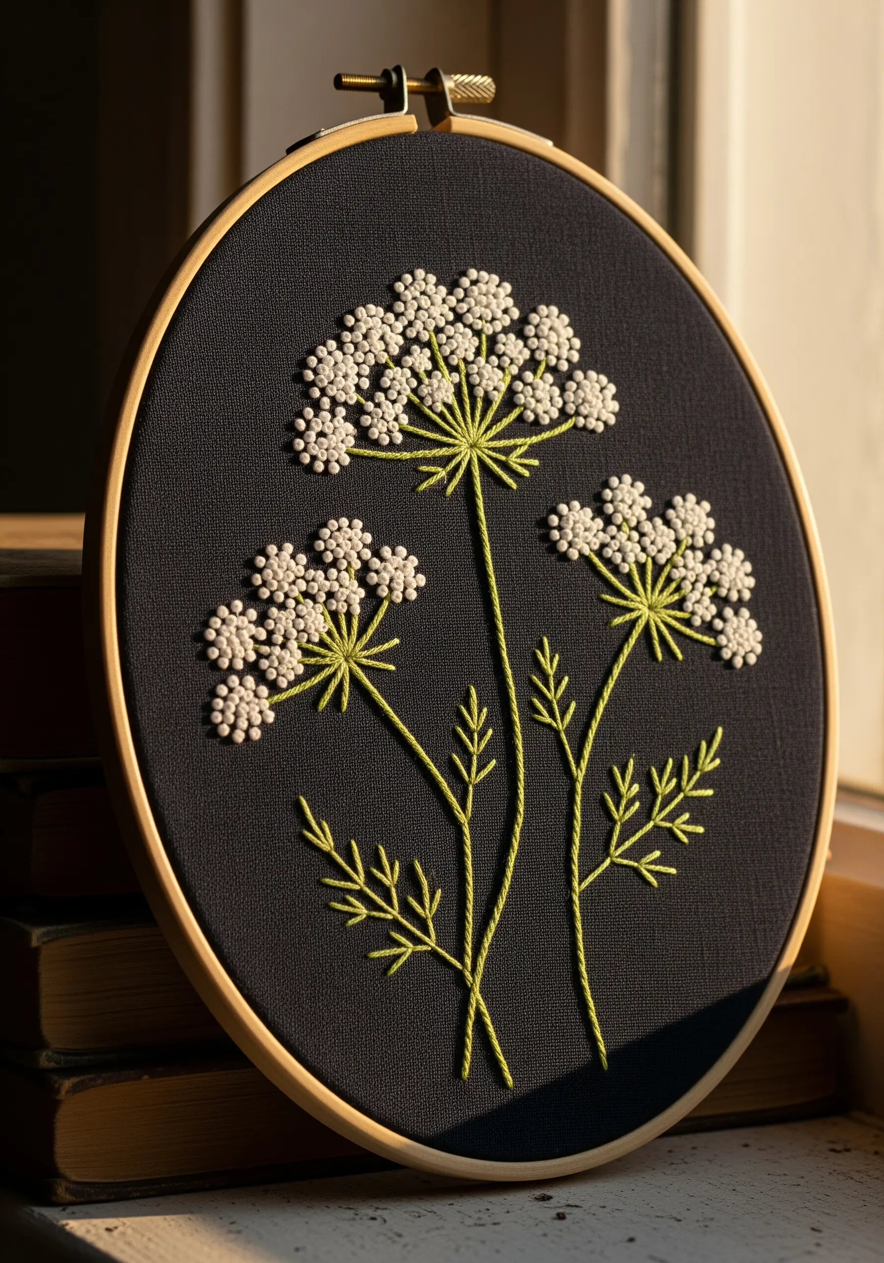 White Queen Anne's lace embroidered with French knots on black fabric.