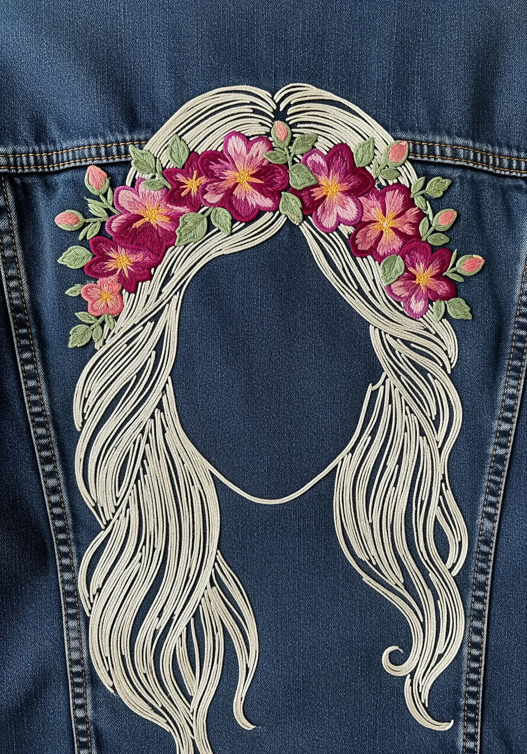 Embroidered portrait with line-art hair and a crown of detailed pink and red satin-stitched flowers.