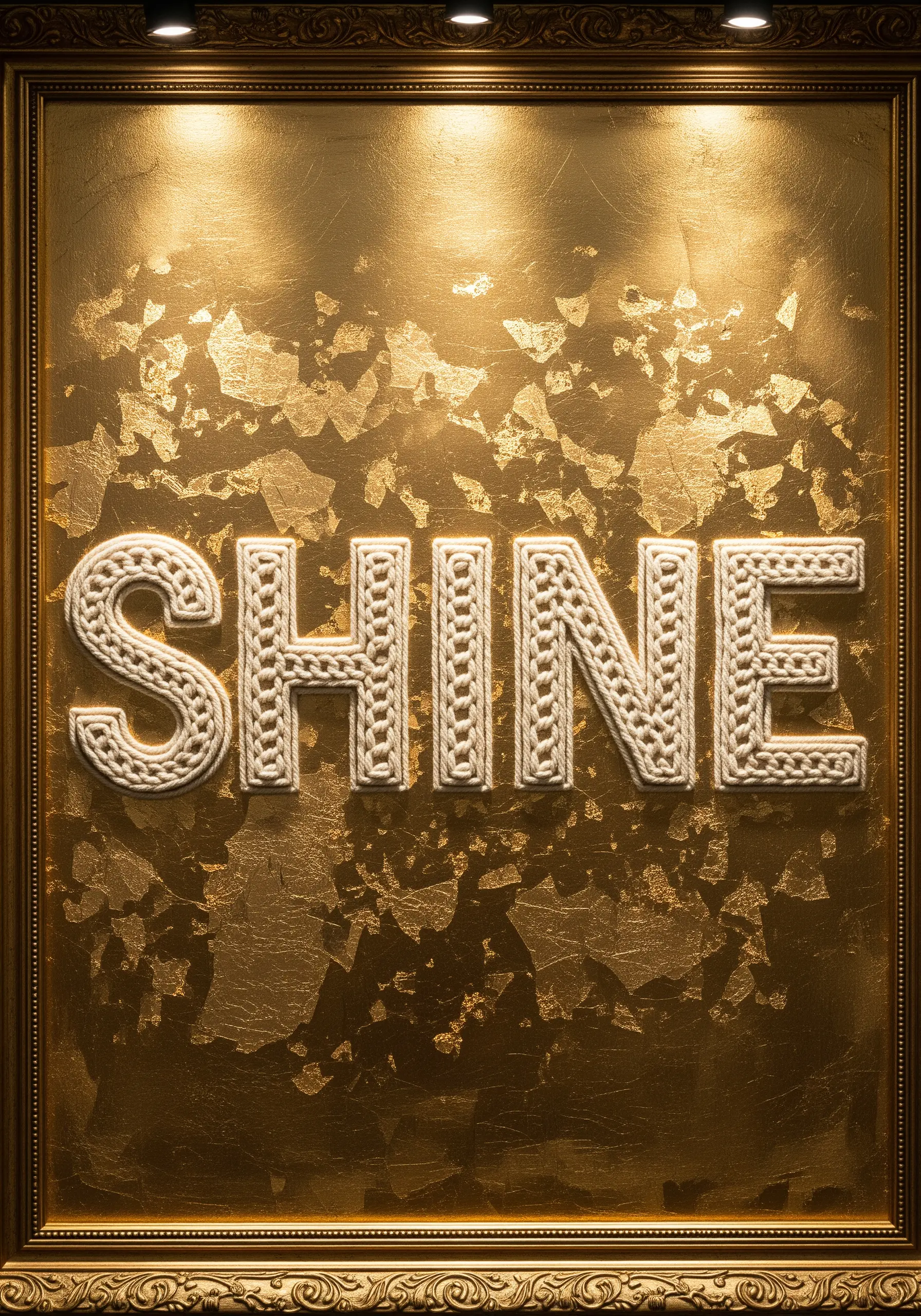 The word “SHINE” in a white braided stitch on a cracked gold leaf background.