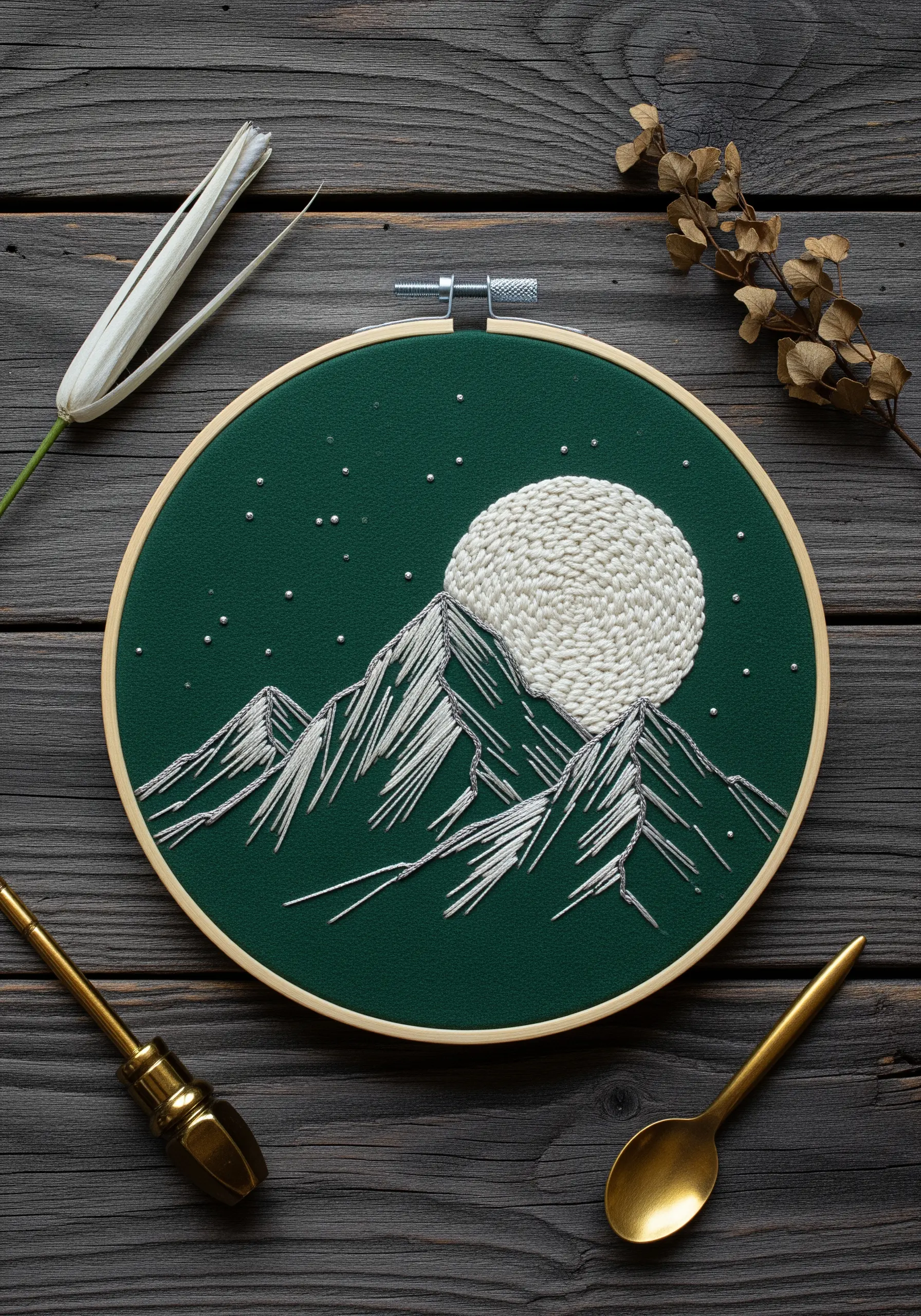 An embroidered mountain scene with a textured white moon and silver metallic highlights on the peaks.