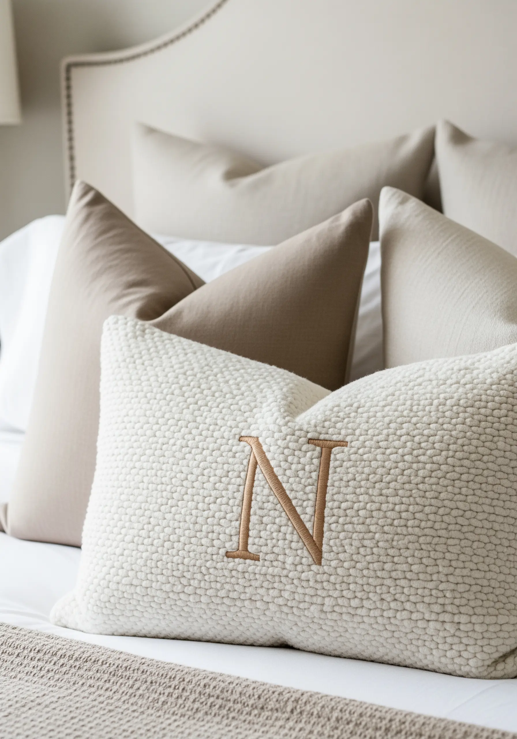 A simple initial 'N' stitched in smooth satin stitch on a highly textured, nubby white pillow.