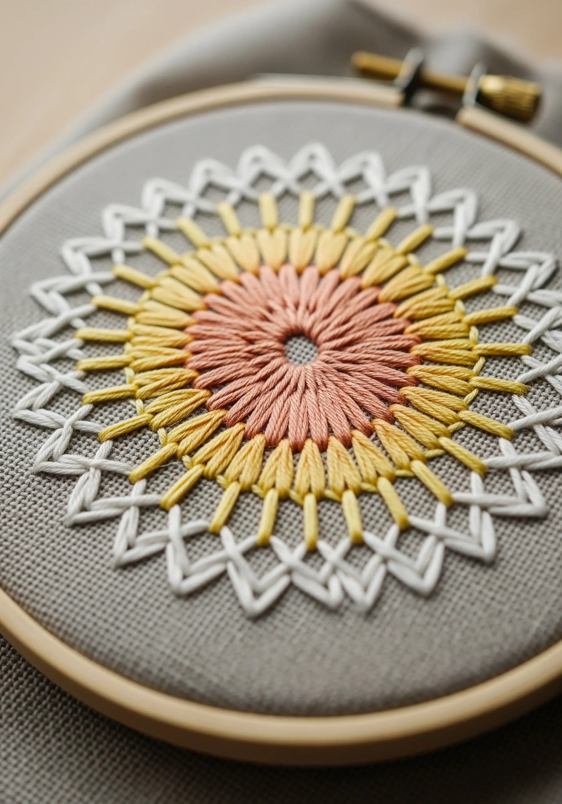 A yellow and pink satin stitch mandala with a delicate white lace-like border.
