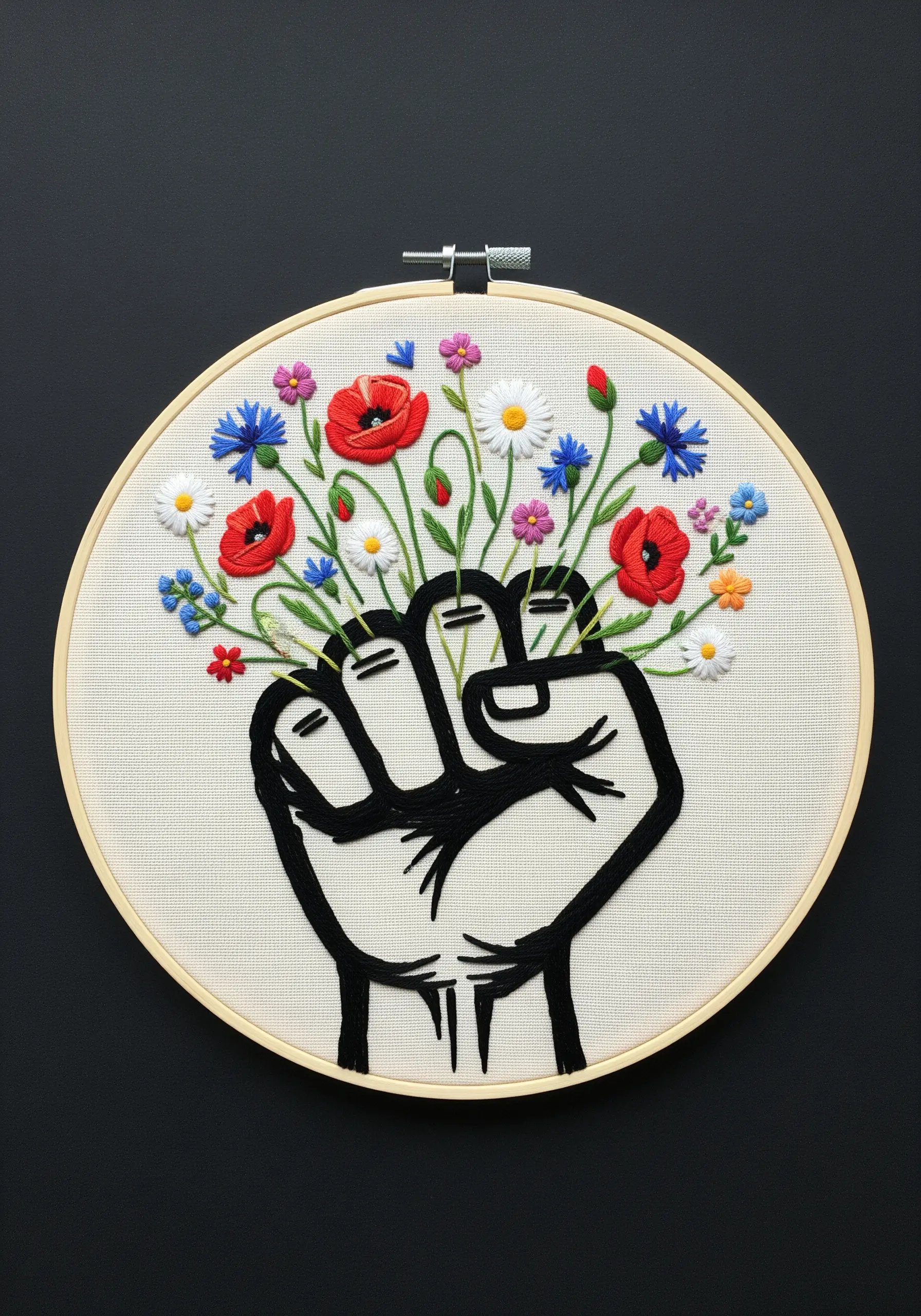 A solid black satin-stitched fist with a colorful bouquet of wildflowers emerging from it.