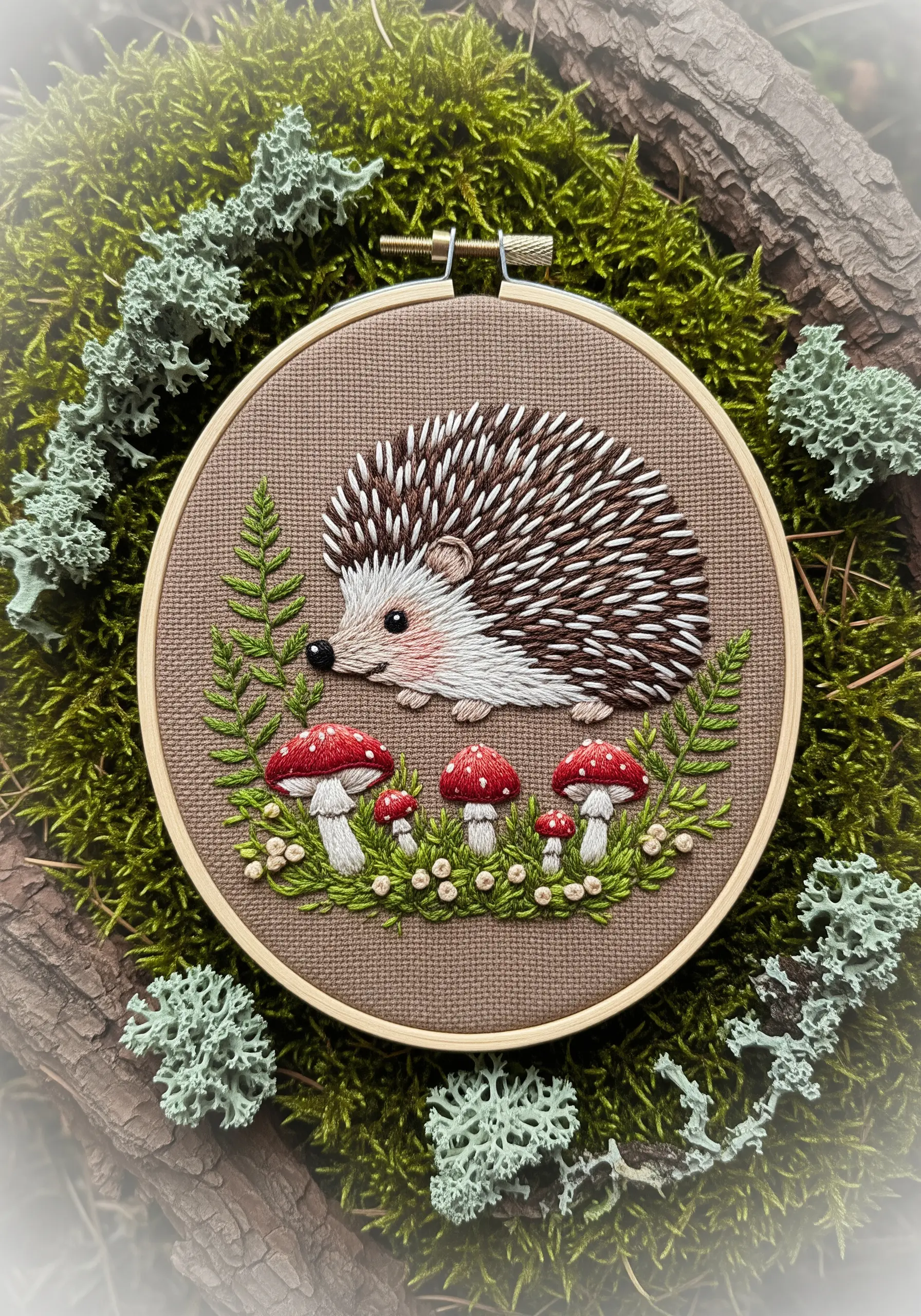 Embroidered hedgehog with contrasting textures for spines and soft belly, set among ferns and mushrooms.