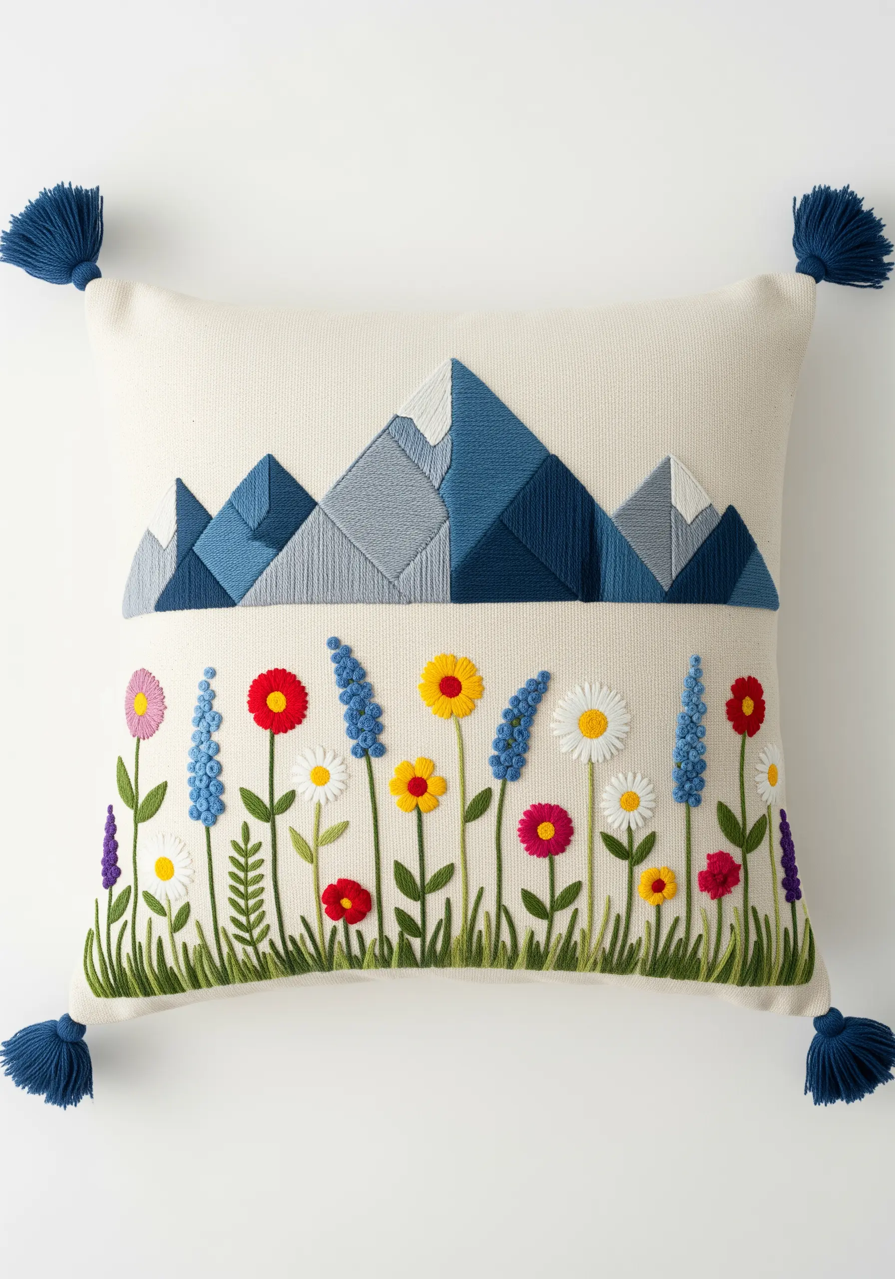 Pillow with geometric blue mountains above a field of colorful embroidered wildflowers.