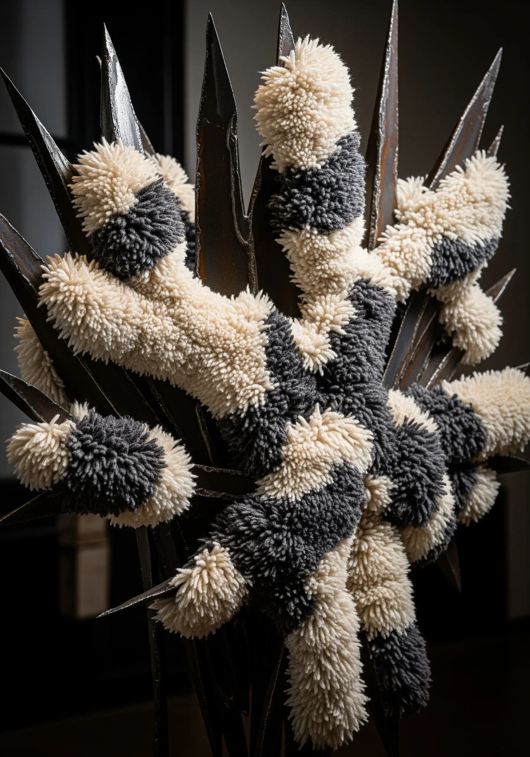 Spiky metal sculpture covered in black and white yarn tufts