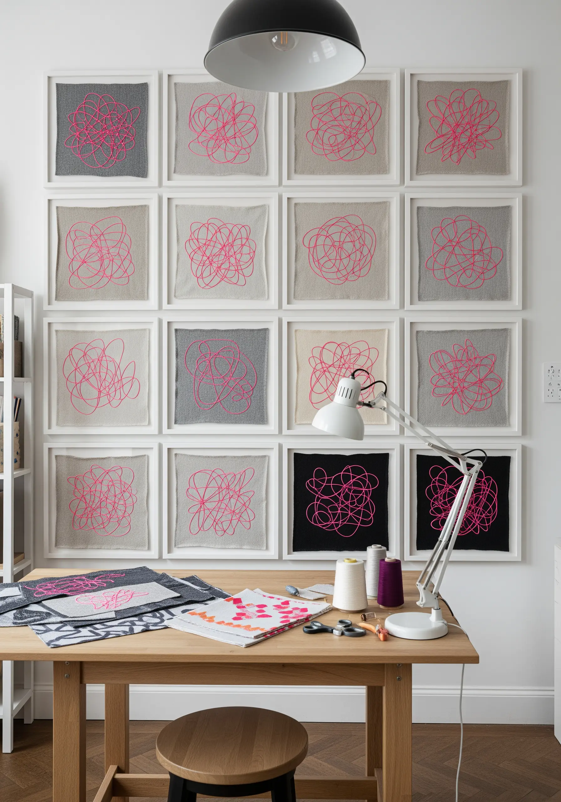 Grid of square fabric swatches featuring neon pink scribbled embroidery
