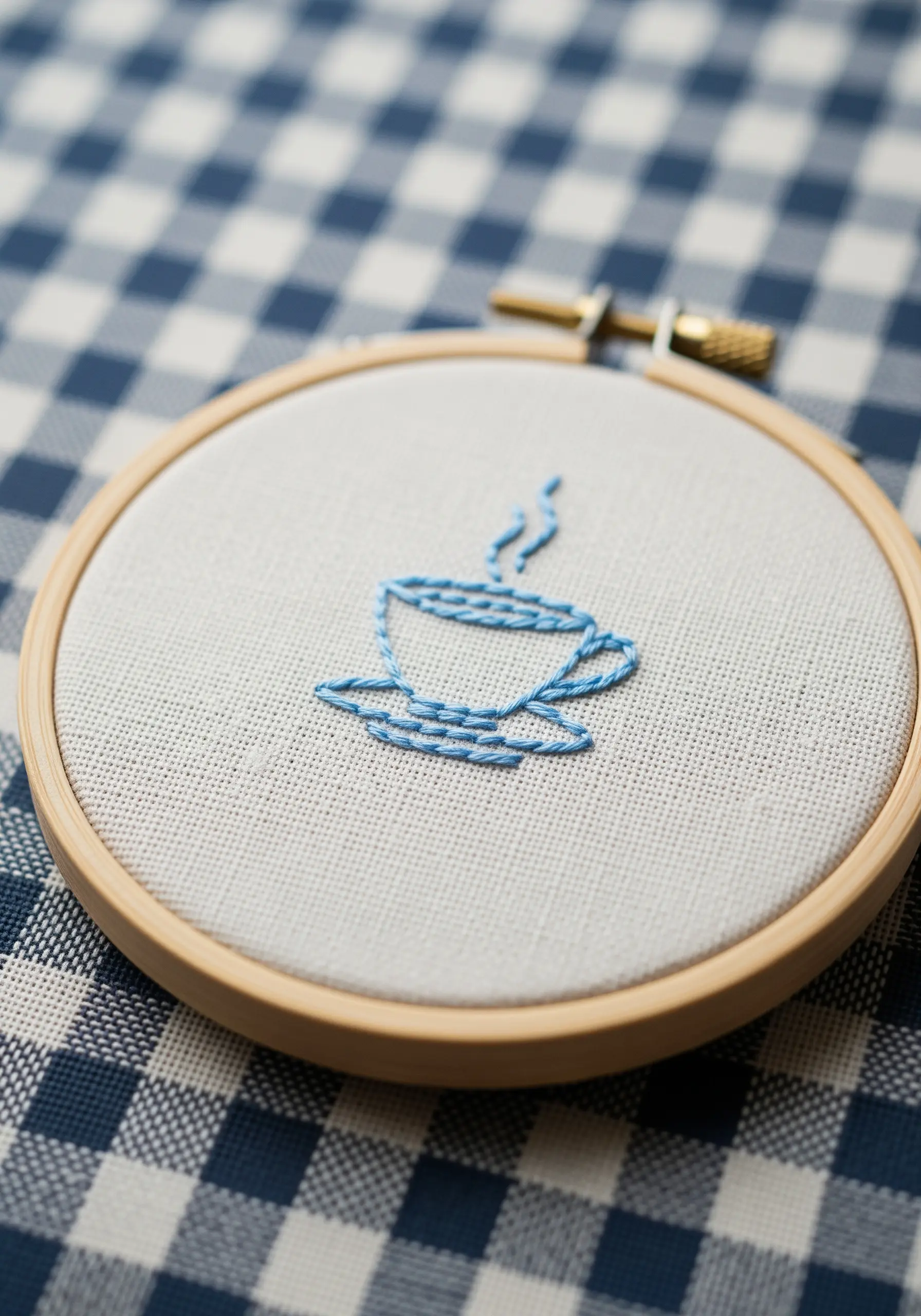 A light blue backstitch outline of a steaming coffee cup on a saucer.
