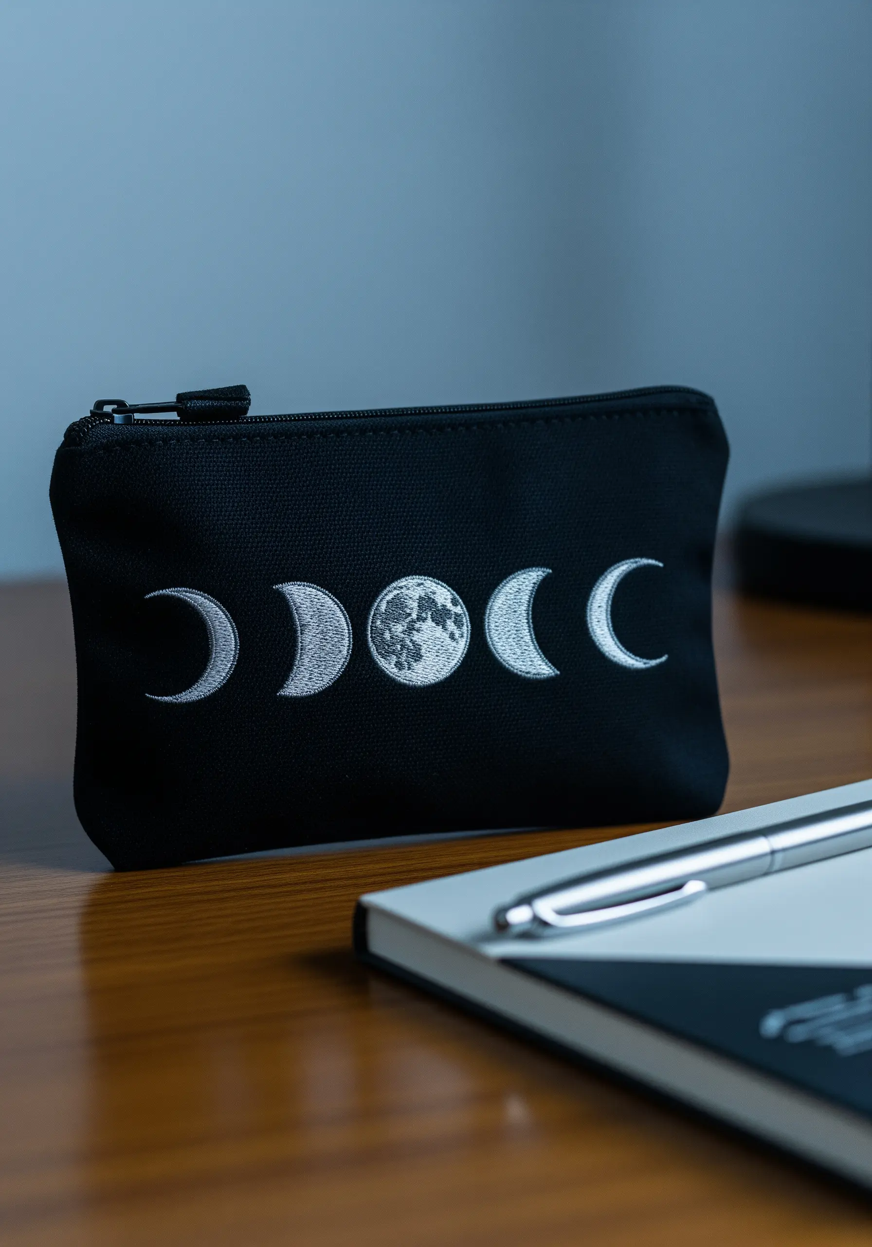 A set of five moon phases embroidered in grayscale on a black zippered pouch.