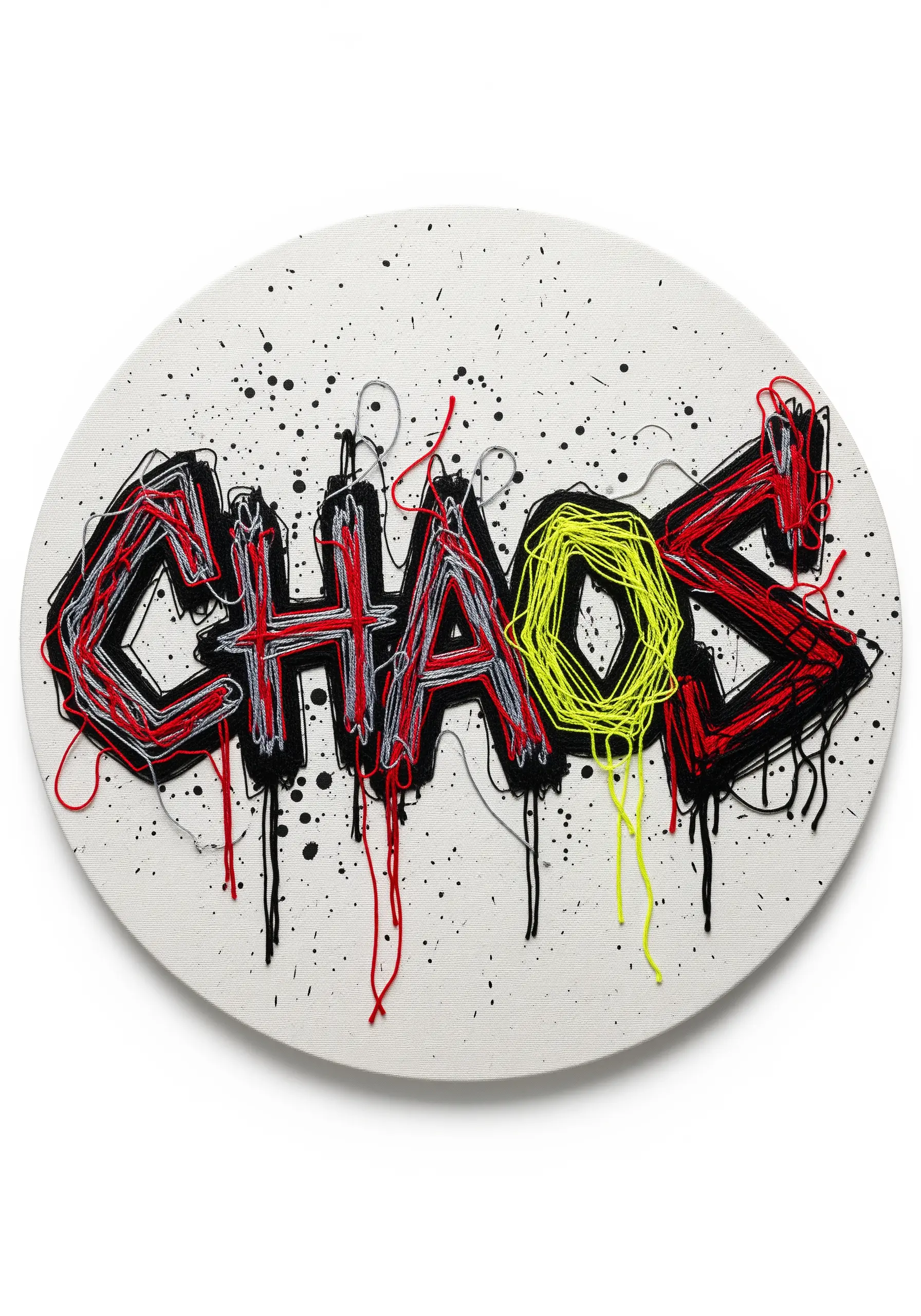 Graffiti-style word “CHAOS” in red, black, and yellow with loose, messy threads.