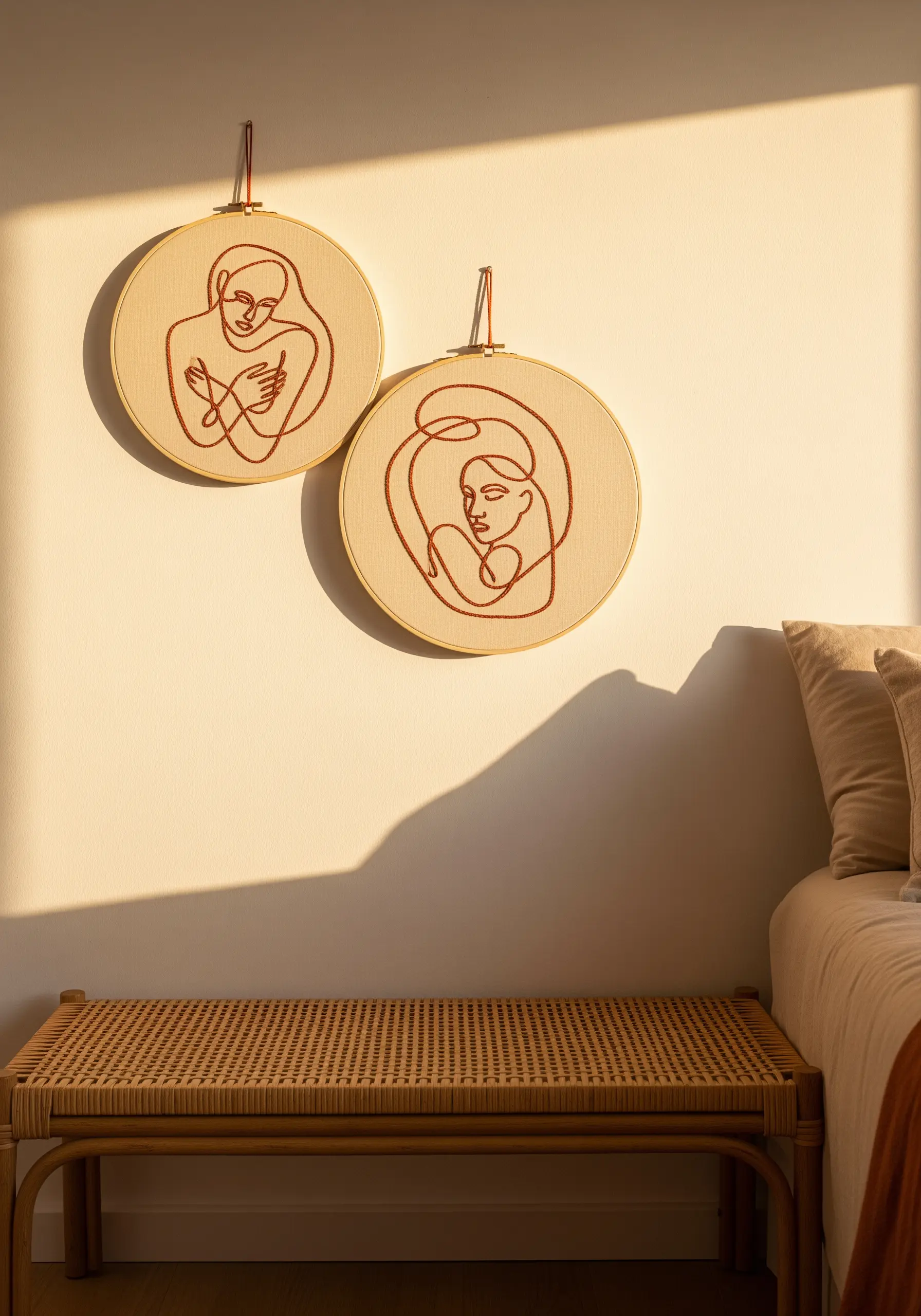 Two embroidery hoops with abstract, single-line figures stitched in a warm terracotta thread.