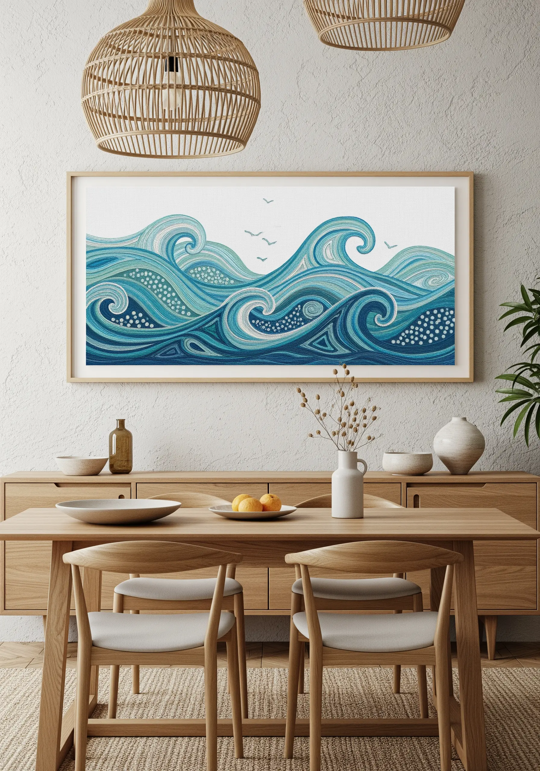 Large framed embroidery of stylized blue and turquoise ocean waves over a dining table.