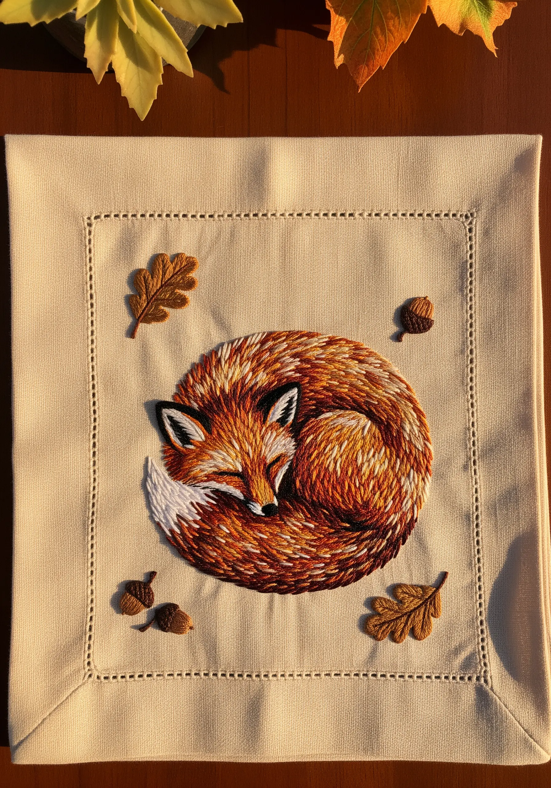 A detailed thread-painted sleeping fox curled up on a cream placemat with scattered oak leaves.