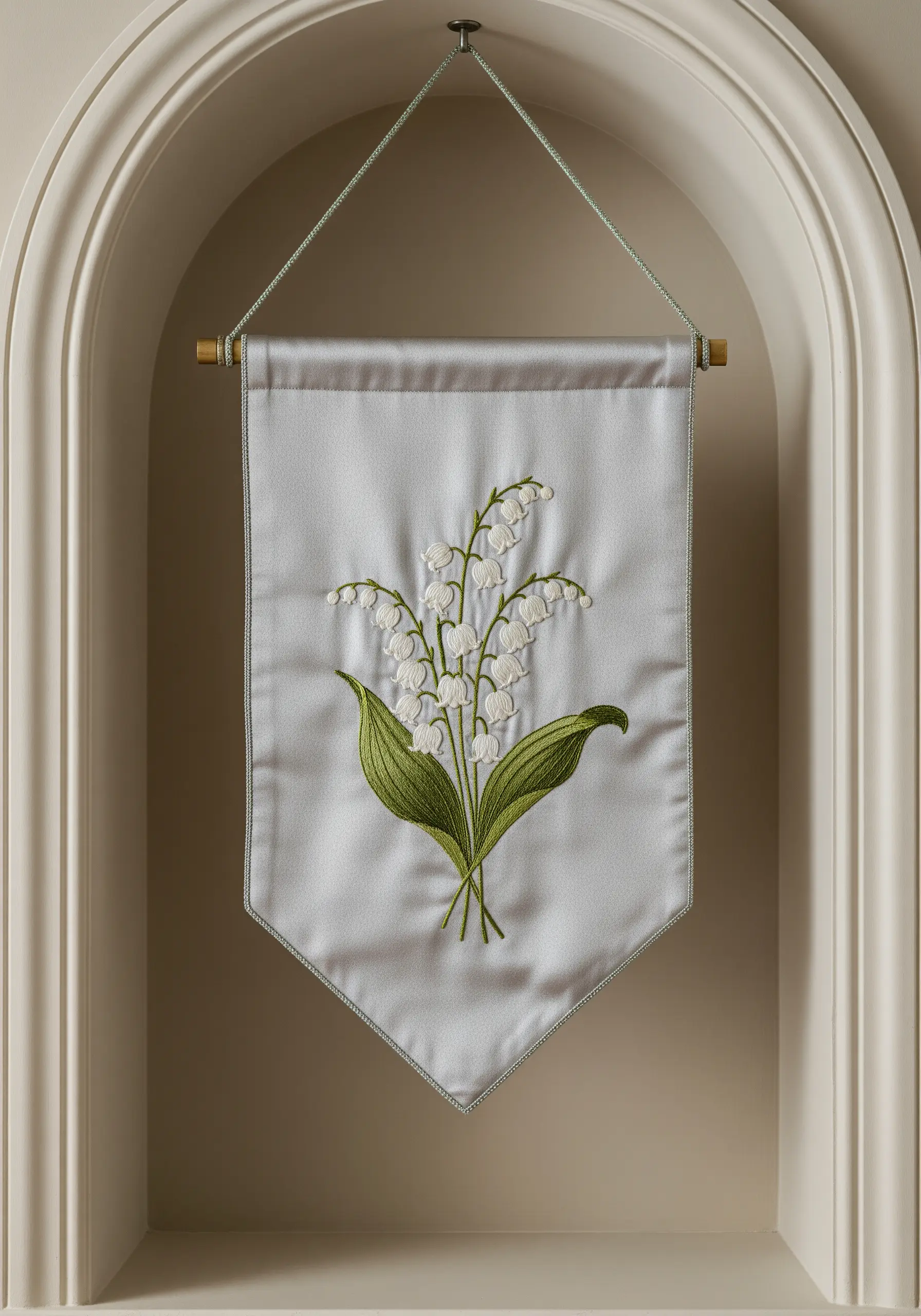 A delicate embroidery of lily of the valley flowers on a silver satin banner.