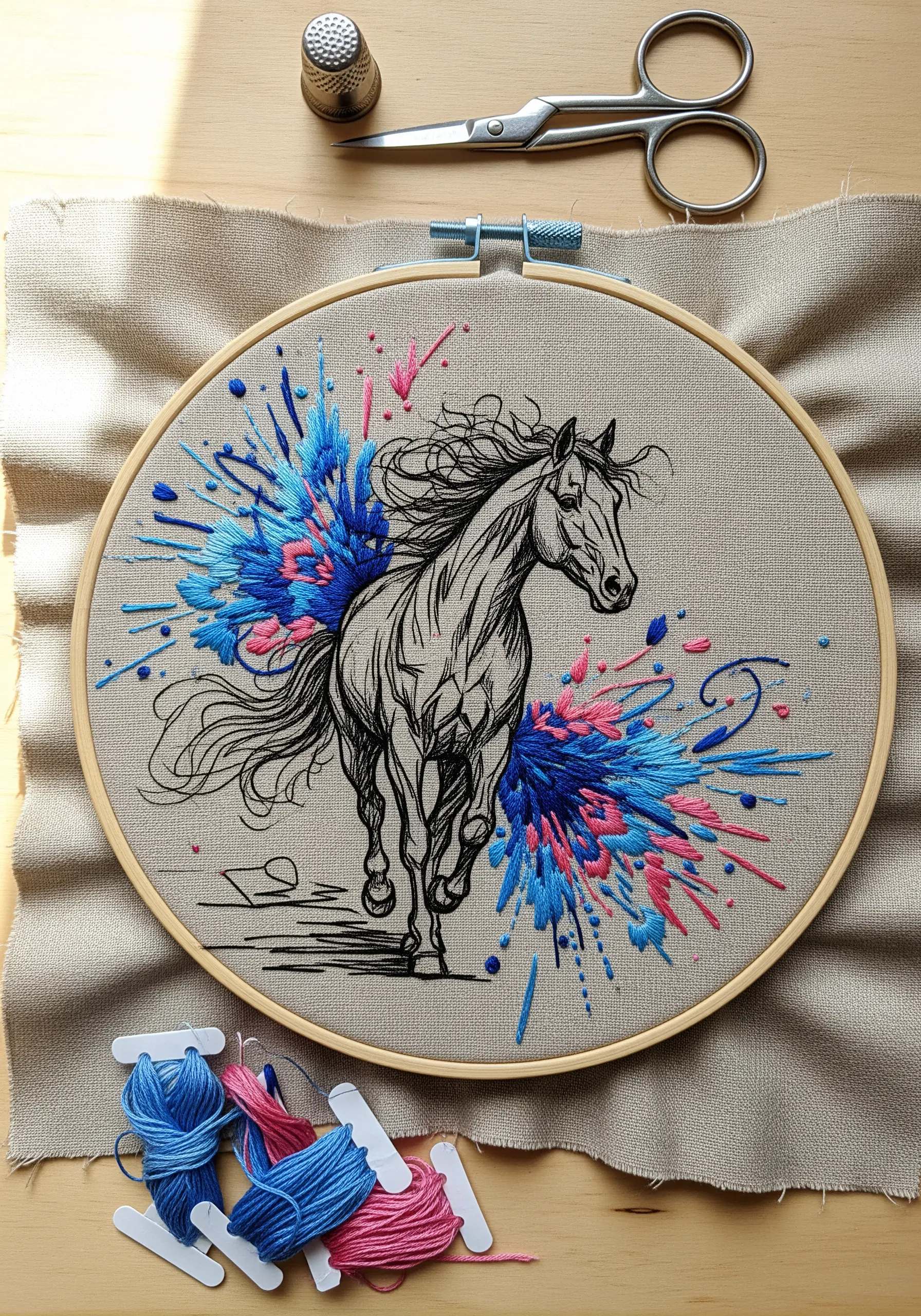 Line art horse with abstract splashes of pink and blue embroidery suggesting motion.