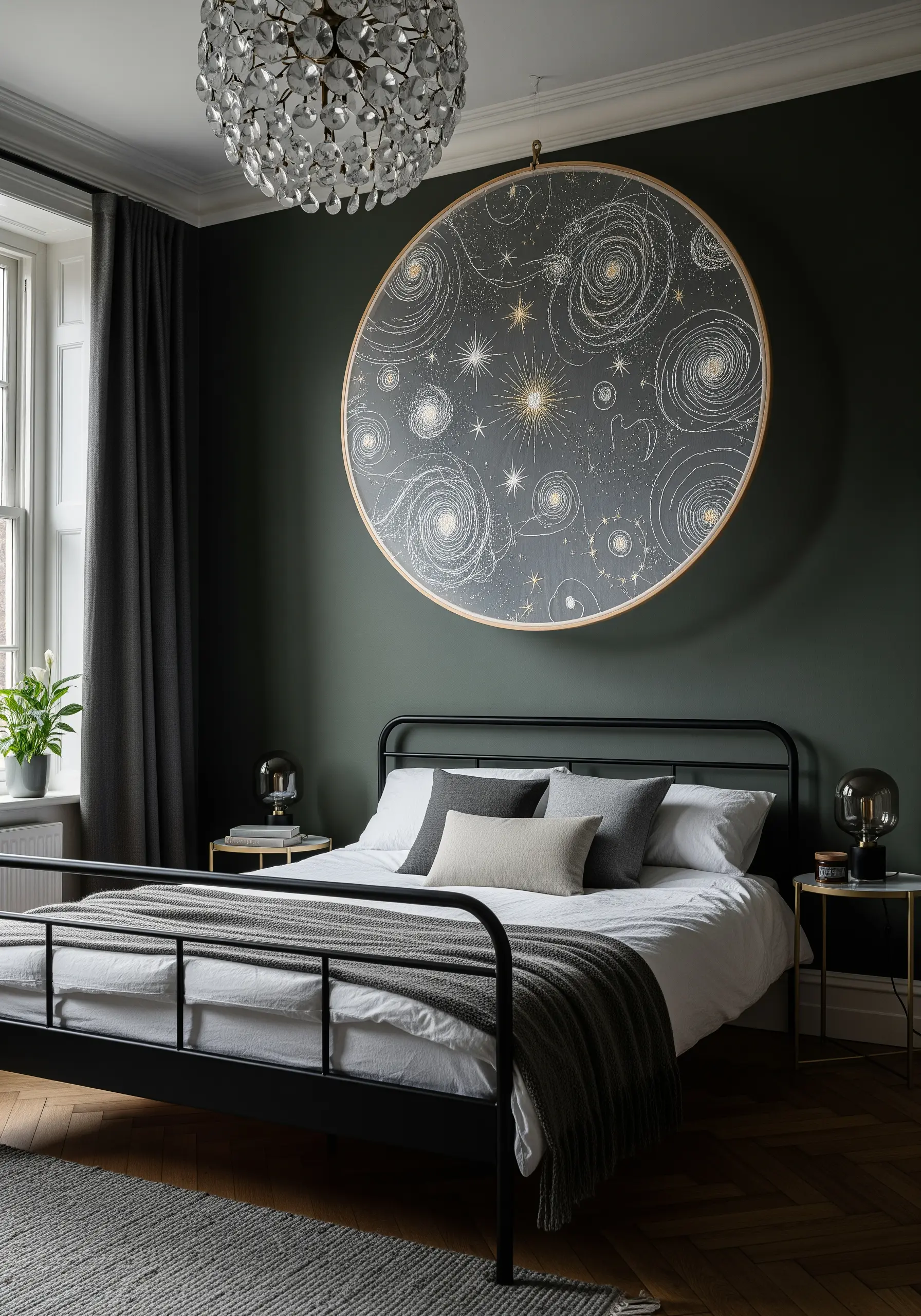 An oversized embroidery hoop with a swirling galaxy pattern in white and gold on black fabric.