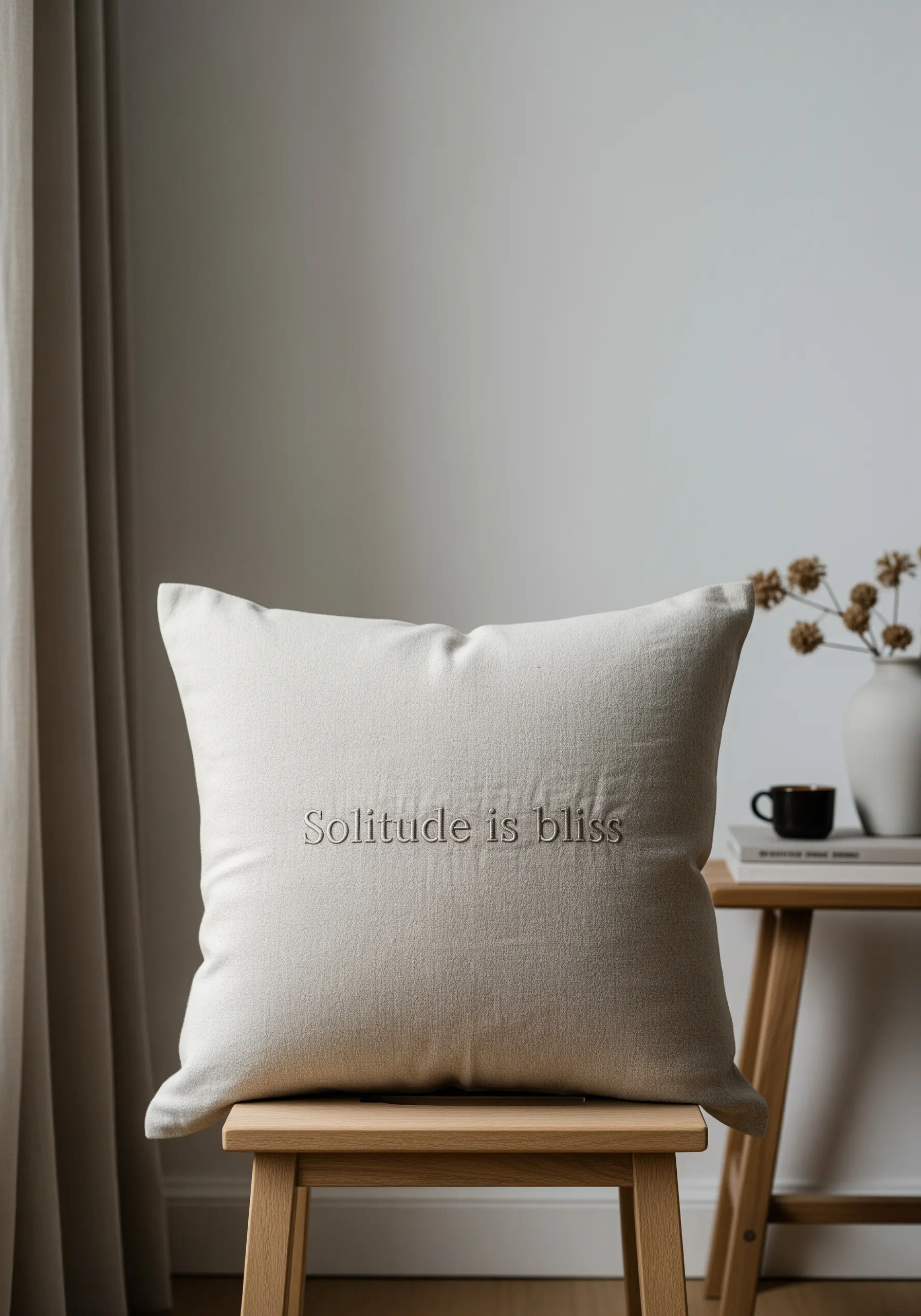 Tiny, delicate micro-lettering embroidered in a tone-on-tone color on a neutral linen pillow.