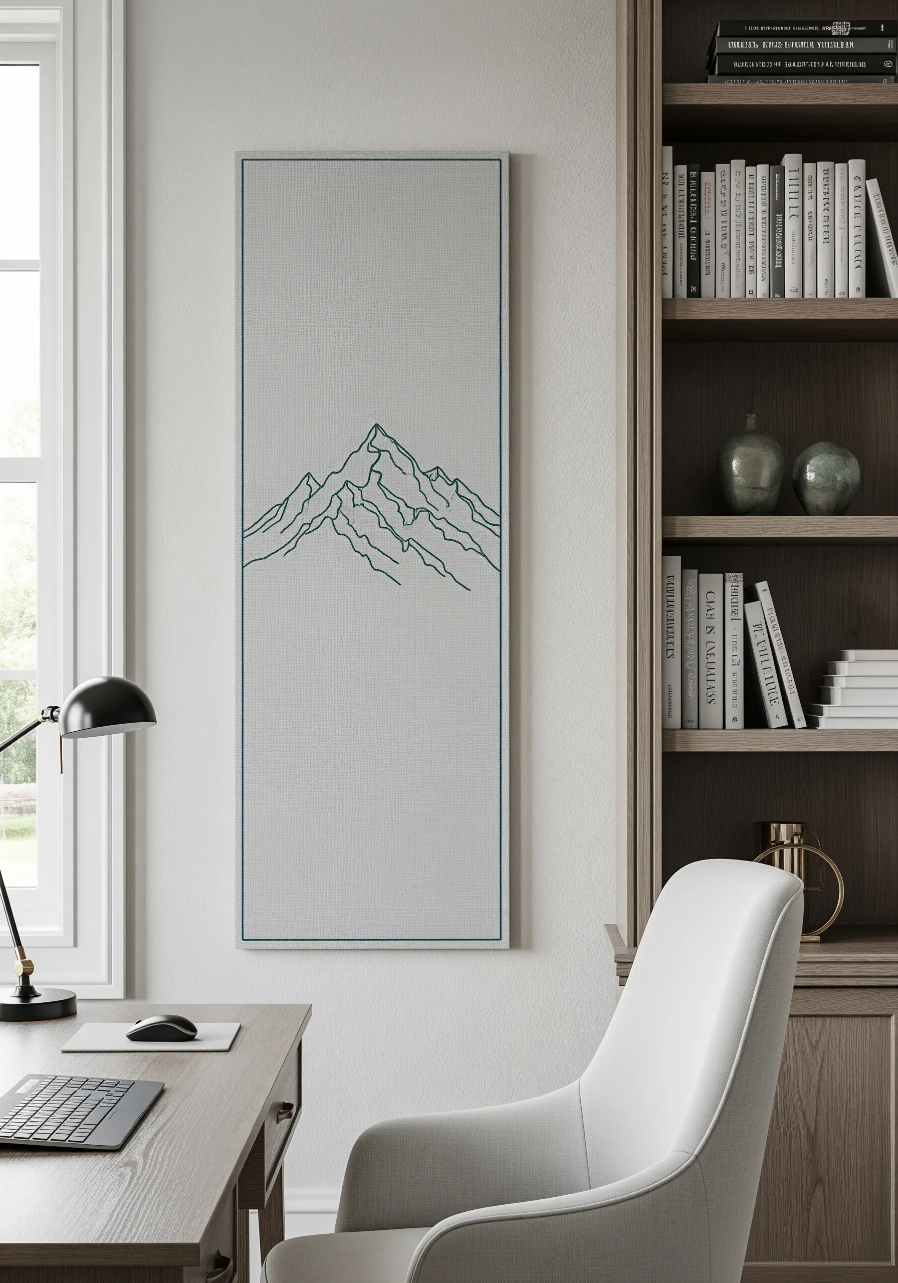 A tall, narrow panel with a minimalist line art embroidery of a mountain peak.