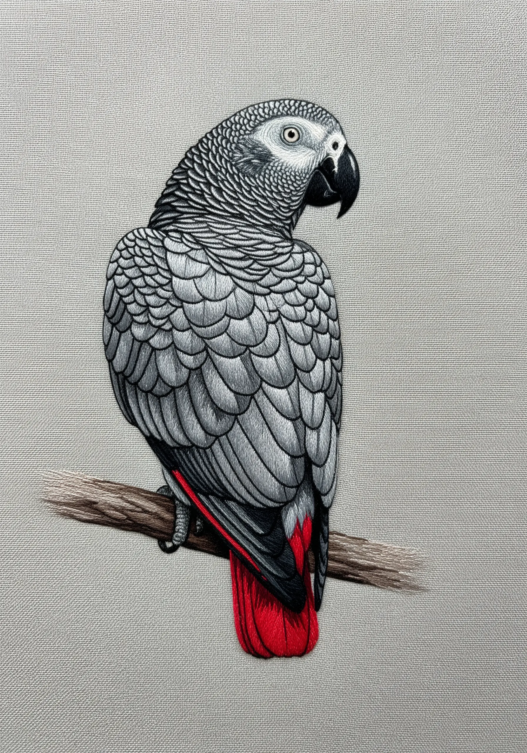 A detailed embroidery of an African Grey parrot, focusing on grey feather texture.