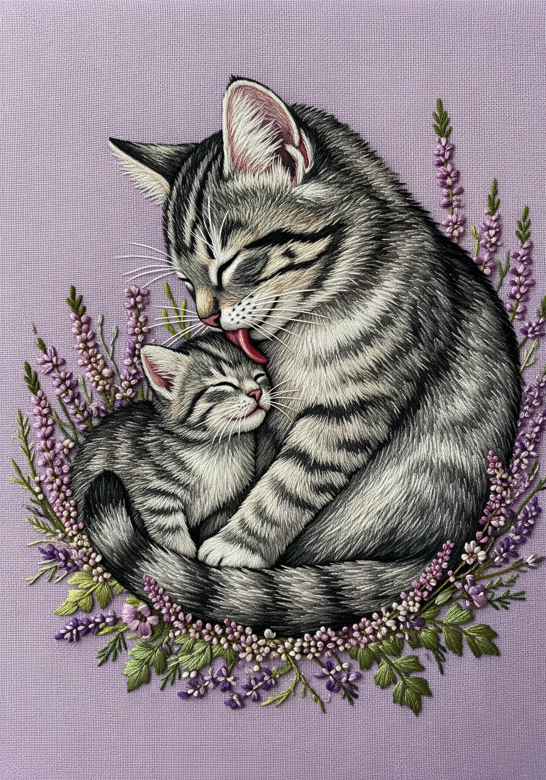 A mother tabby cat grooming her sleeping kitten, surrounded by lavender.
