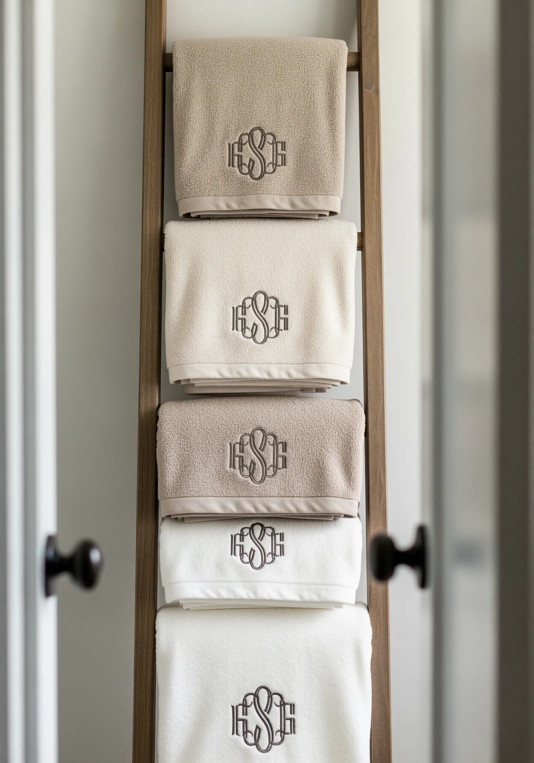 A stack of beige and white towels on a wooden ladder, each with the same elegant monogram.