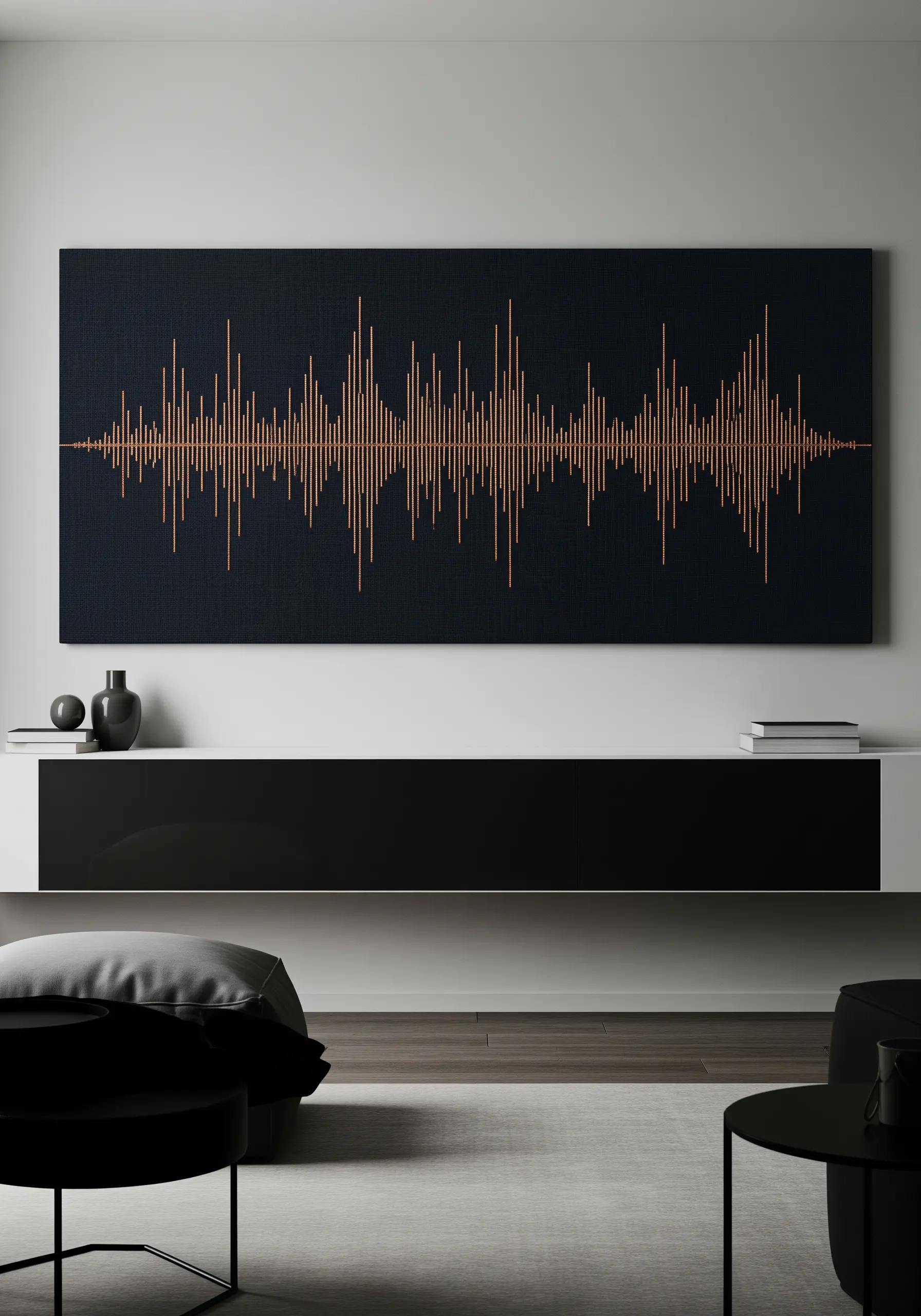 Long panoramic artwork featuring copper soundwave-style embroidery on a dark blue background
