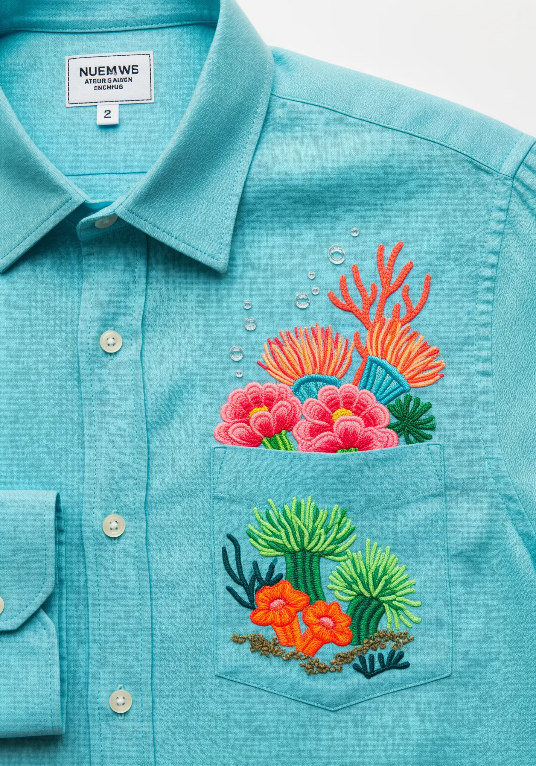 A colorful underwater scene with coral and anemones embroidered in and around a shirt pocket.