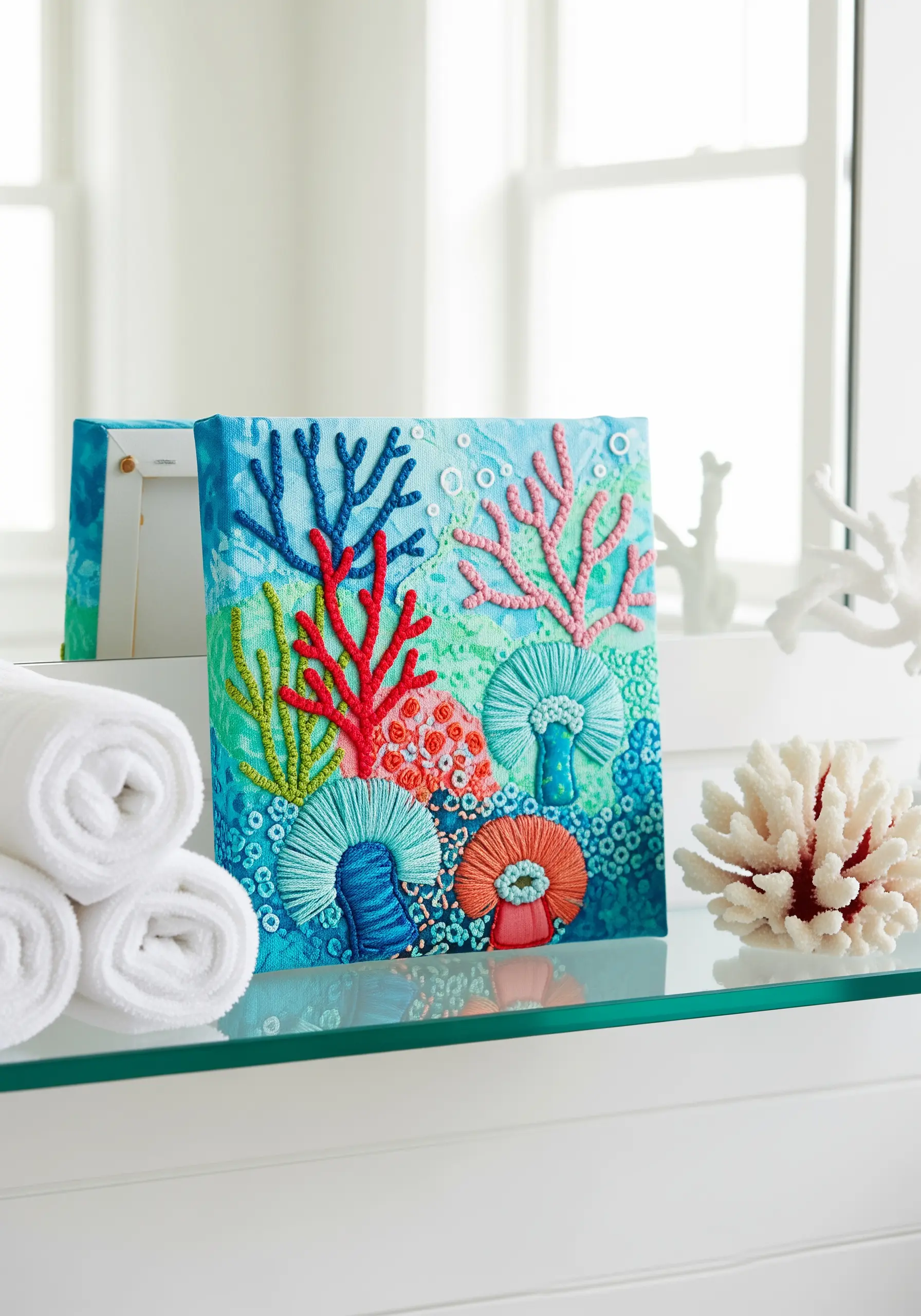 A vibrant coral reef embroidery with various high-texture stitches like French knots.