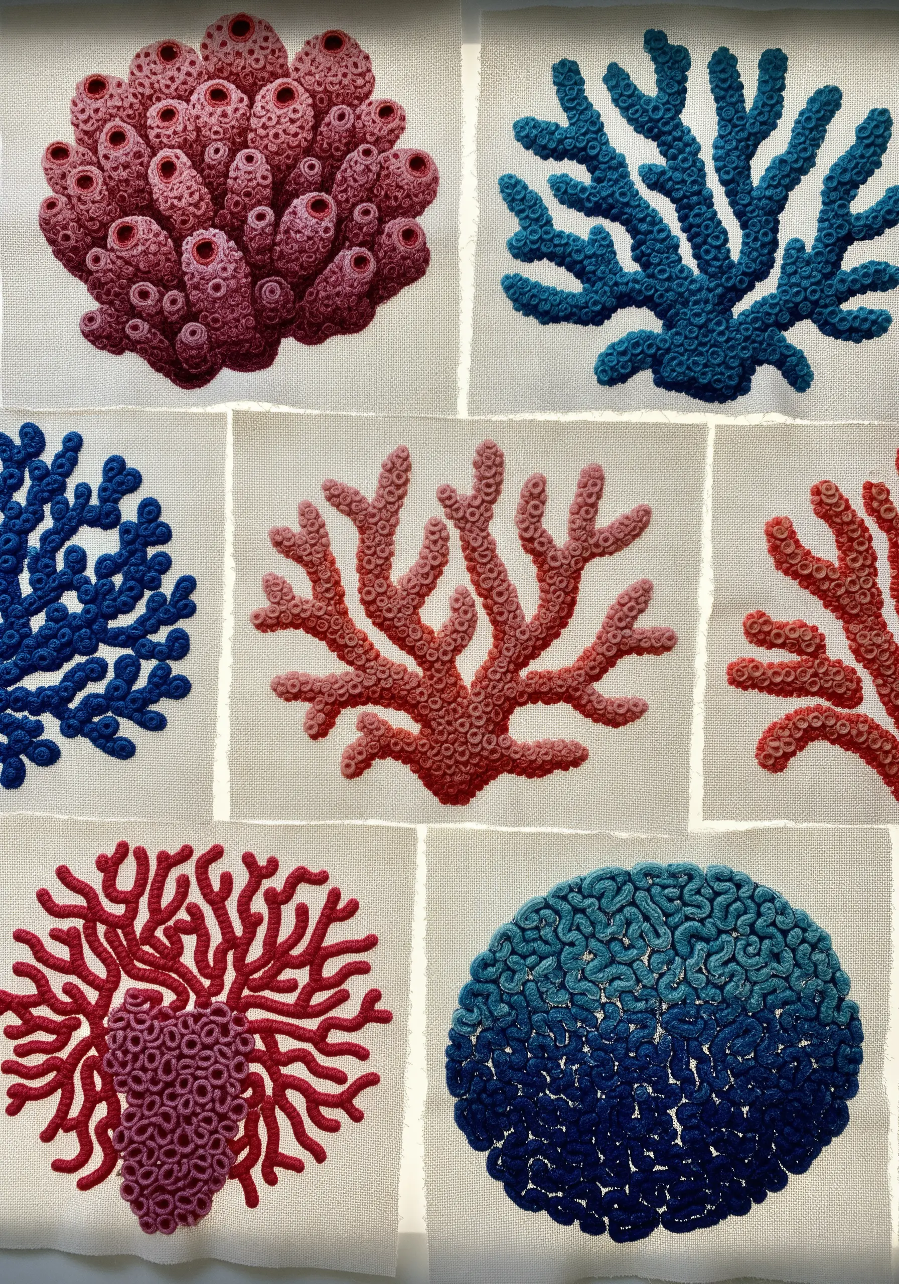 A collection of embroidered coral patches in red, blue, and teal, showcasing various textures.