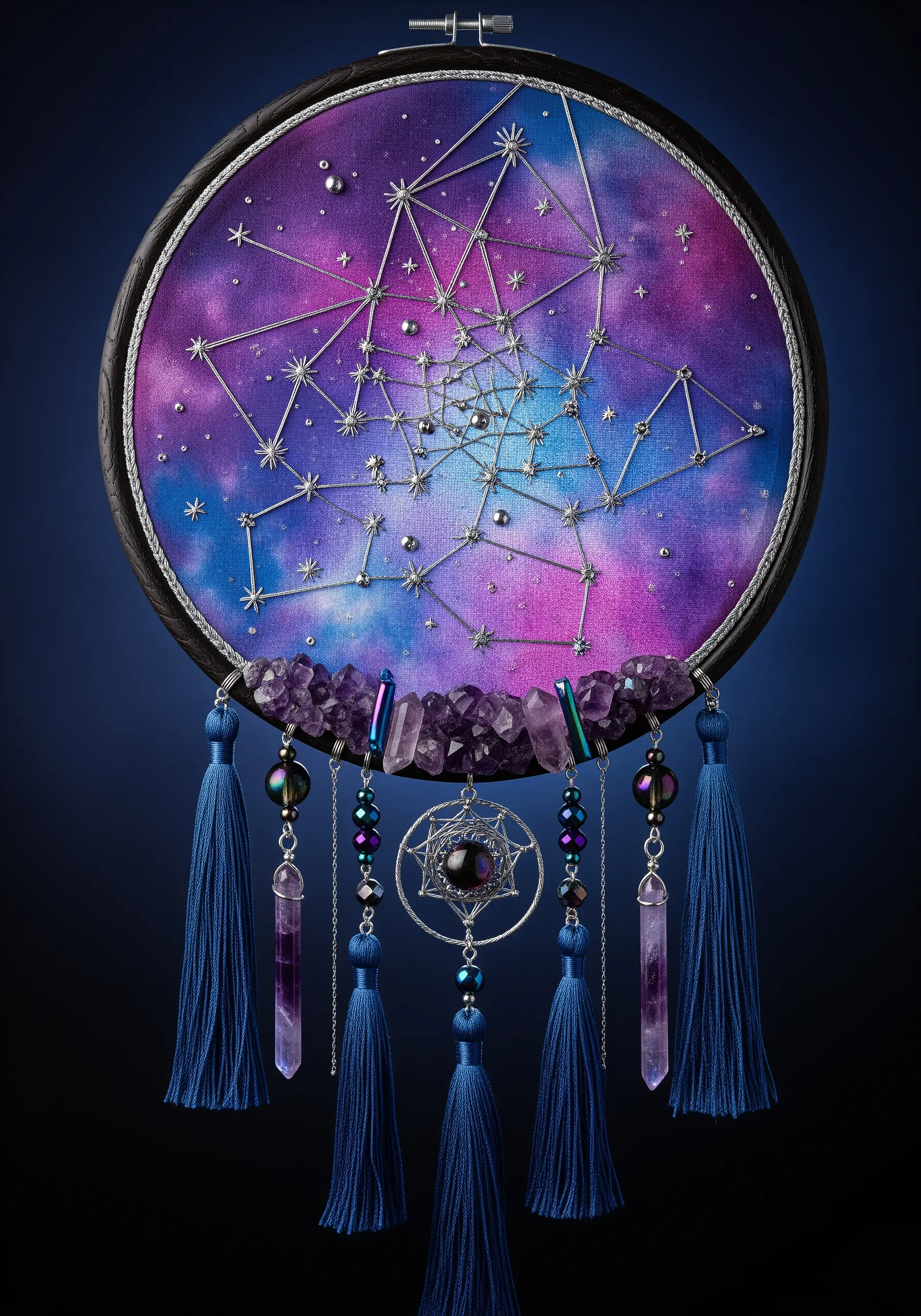 Galaxy-themed dreamcatcher with embroidered constellations, amethyst crystals, and blue tassels.